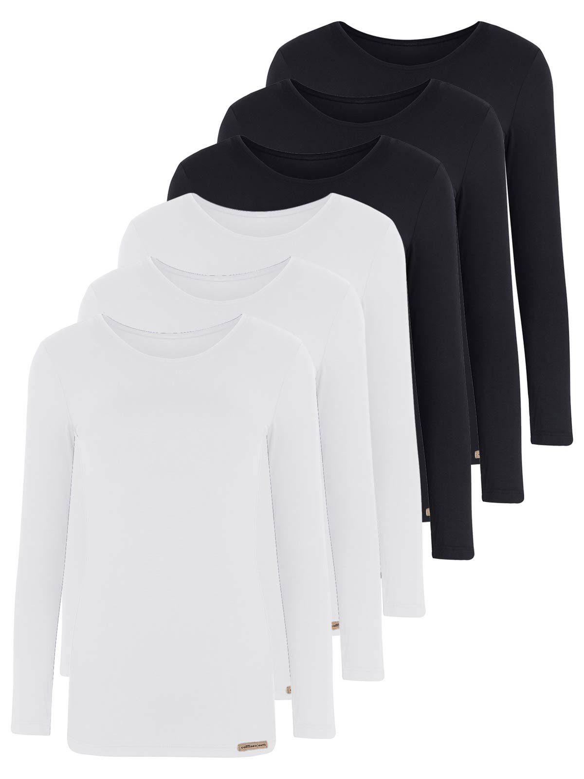 COMAZO Unterziehshirt 6er Pack Damen Baumwoll Langarm Shirt (Packung, 6-St) Vegan schwarz-weiss