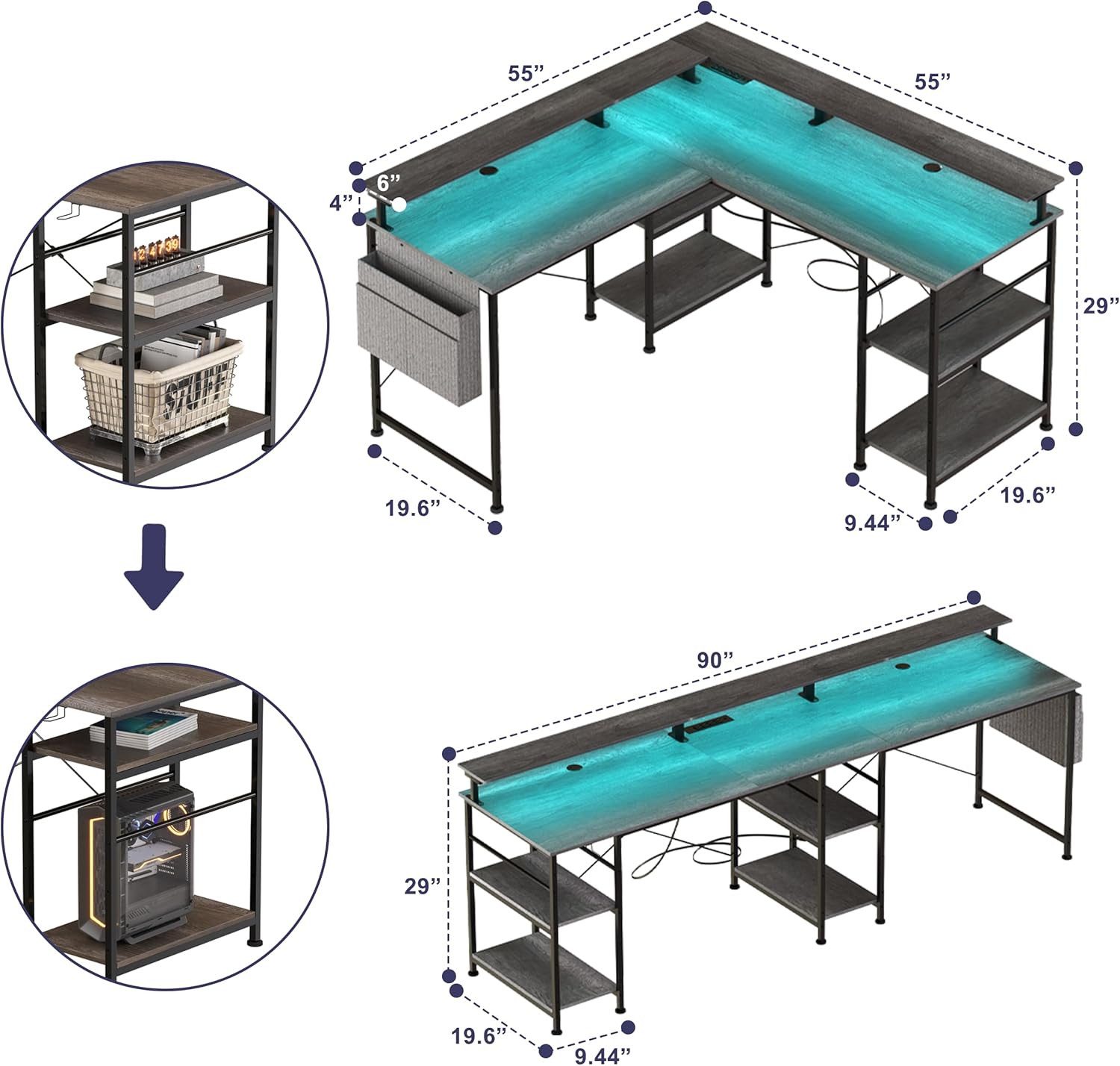 BBWL Computertisch L-förmiger Gaming-Schreibtisch mit LED, Steckdose, Monit günstig online kaufen