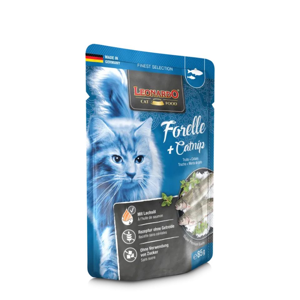 Leonardo Catfood Forelle & Catnip - getreidefreies Nassfutter reich an Omega-3 16x85g, Nassfutter für: Katzen
