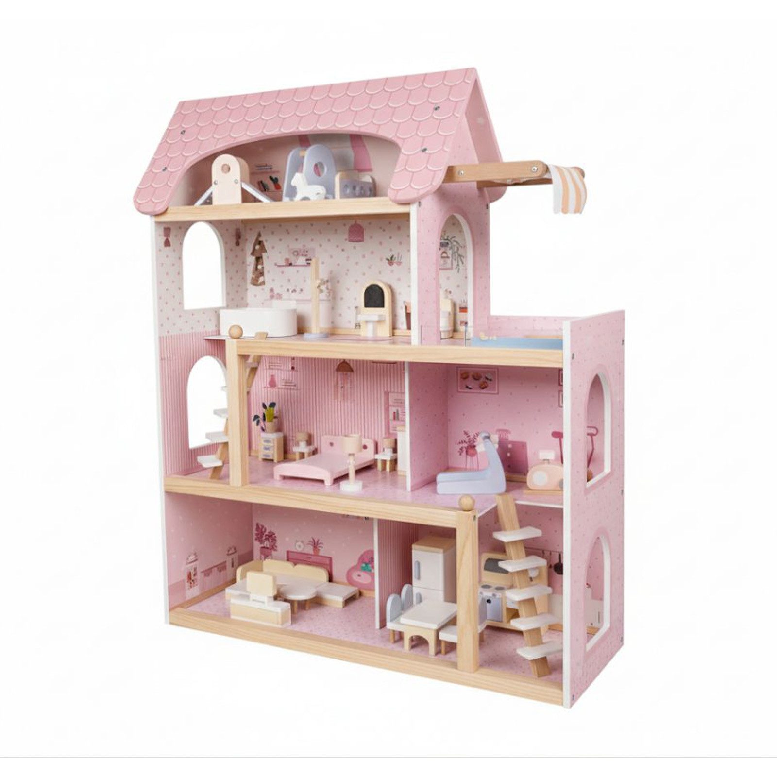 KOMFOTTEU Puppenhaus Puppen-Villa, mit 33 realistische Zubehör & Möbel, 6 Zimmer