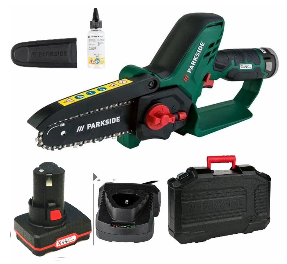 Parkside Akku-Kettensäge Akku-Einhand Kettensäge Gehölzschneider PGHSA 12 V mit 4.0 Ah Akku