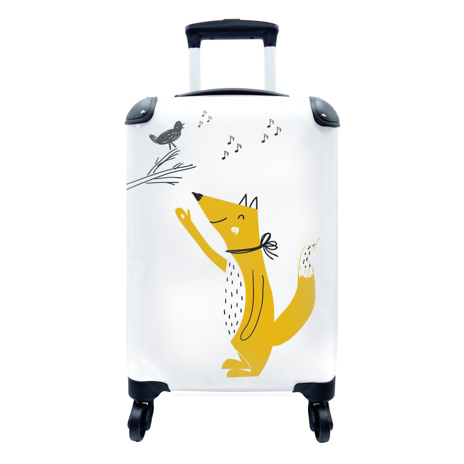 MuchoWow Handgepäckkoffer Kinder Illustration mit einem Fuchs und einem singenden Vogel auf, 4 Rollen, Reisetasche mit rollen, Handgepäck für Ferien, Trolley, Reisekoffer