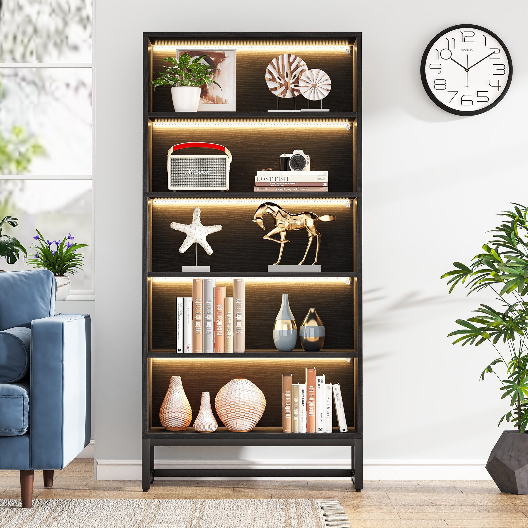 Tribesigns Bücherregal Bücherregal 180 cm mit LED-Beleuchtung, 5-stöckiges schwarzes Regal