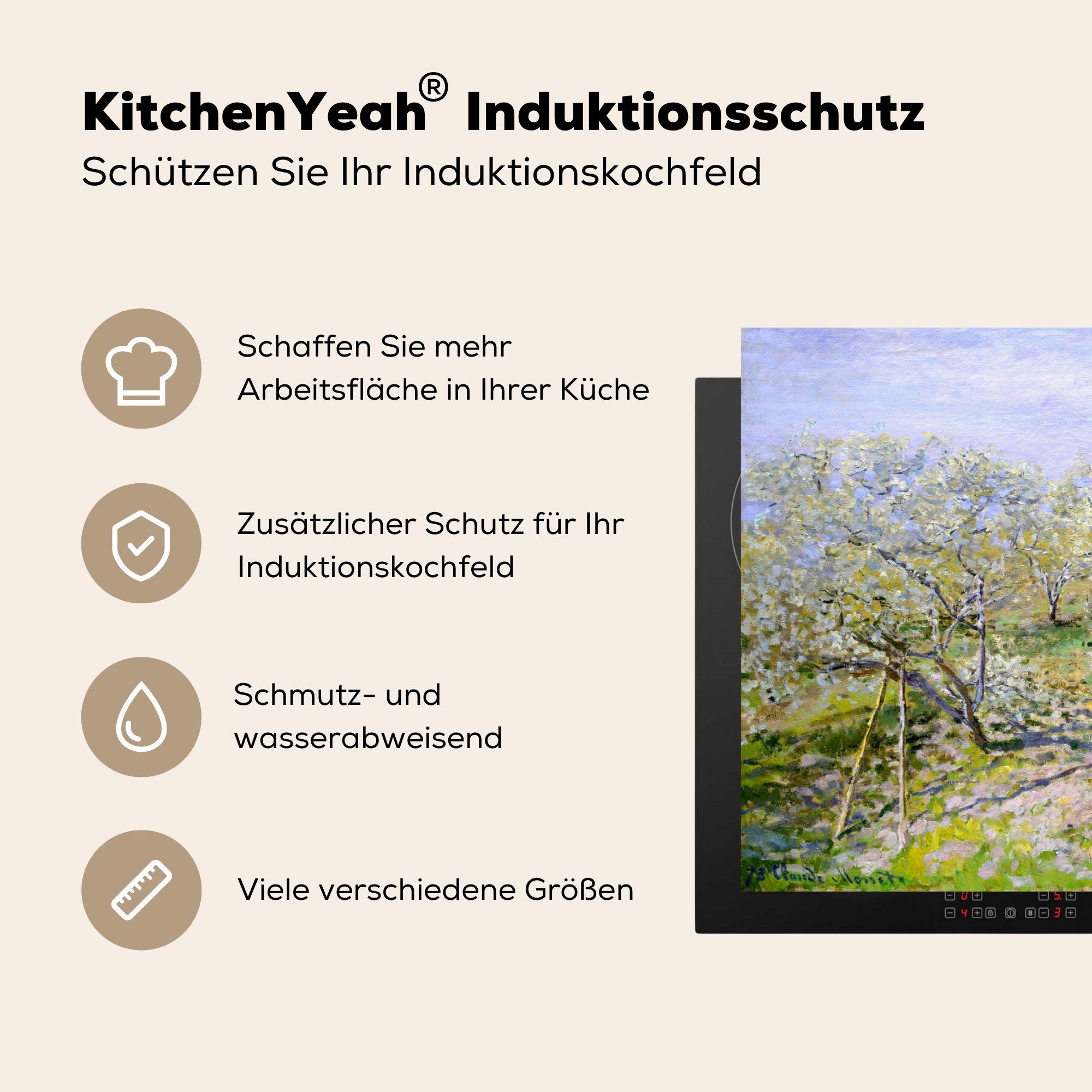 Vinyl, - Ceranfeldabdeckung, Herdblende-/Abdeckplatte Arbeitsplatte Gemälde Blühende von (1 83x51 küche Claude Apfelbäume MuchoWow für Monet, tlg), cm,