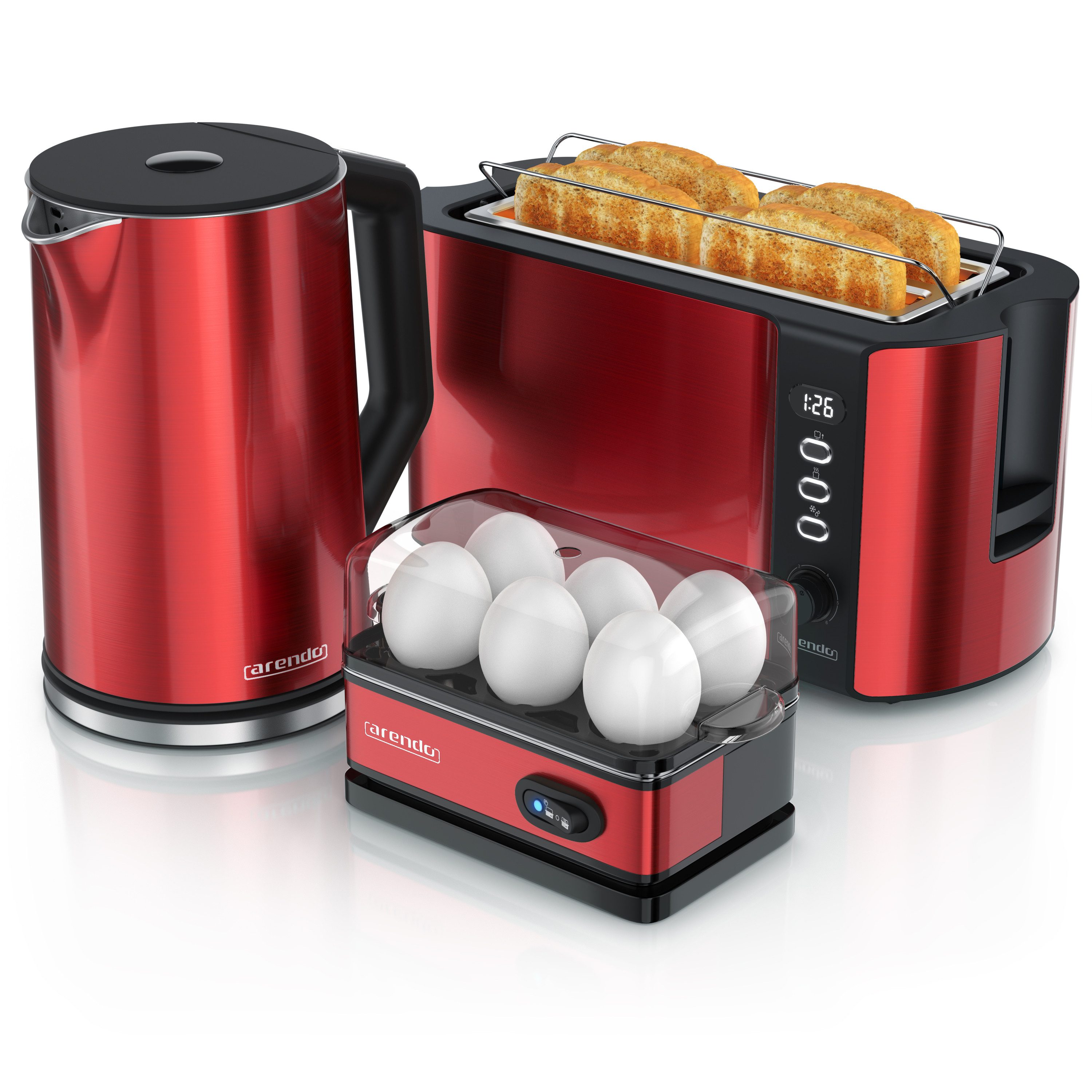Arendo Frühstücks-Set Set aus Wasserkocher, Toaster, Eierkocher, Toaster 4-Scheiben (3-tlg), Temperatureinstellung, 1,5 L, 2000 W, Eierkocher 1-6 Eier, 400 W, rot