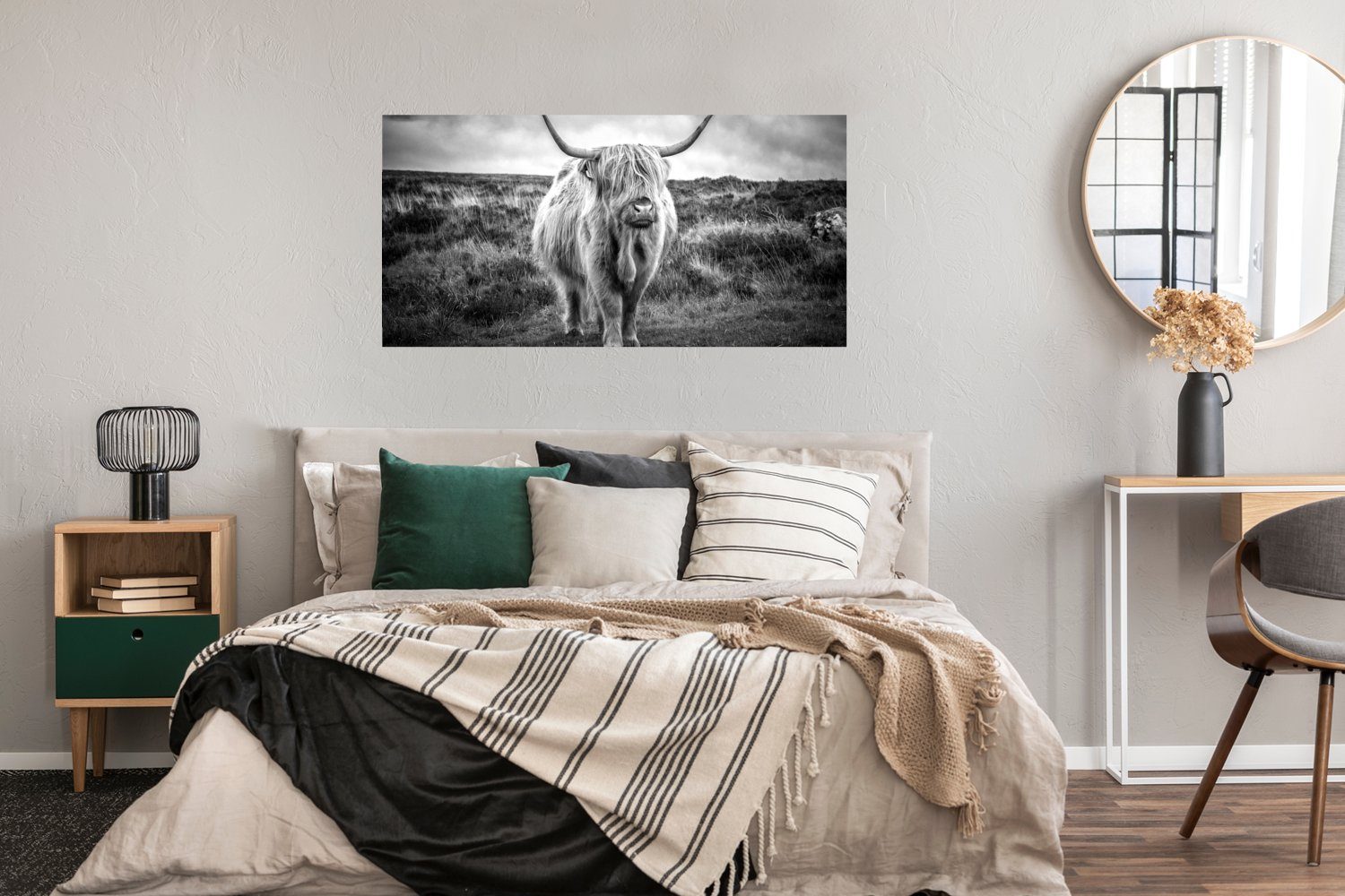 Natur, Tiere - Wanddeko Ohne - Wandposter, Kuh Poster für Hochländer - Wolken Schottischer - Schlafzimmer, St), Bild Wohnzimmer, (1 Rahmen, MuchoWow
