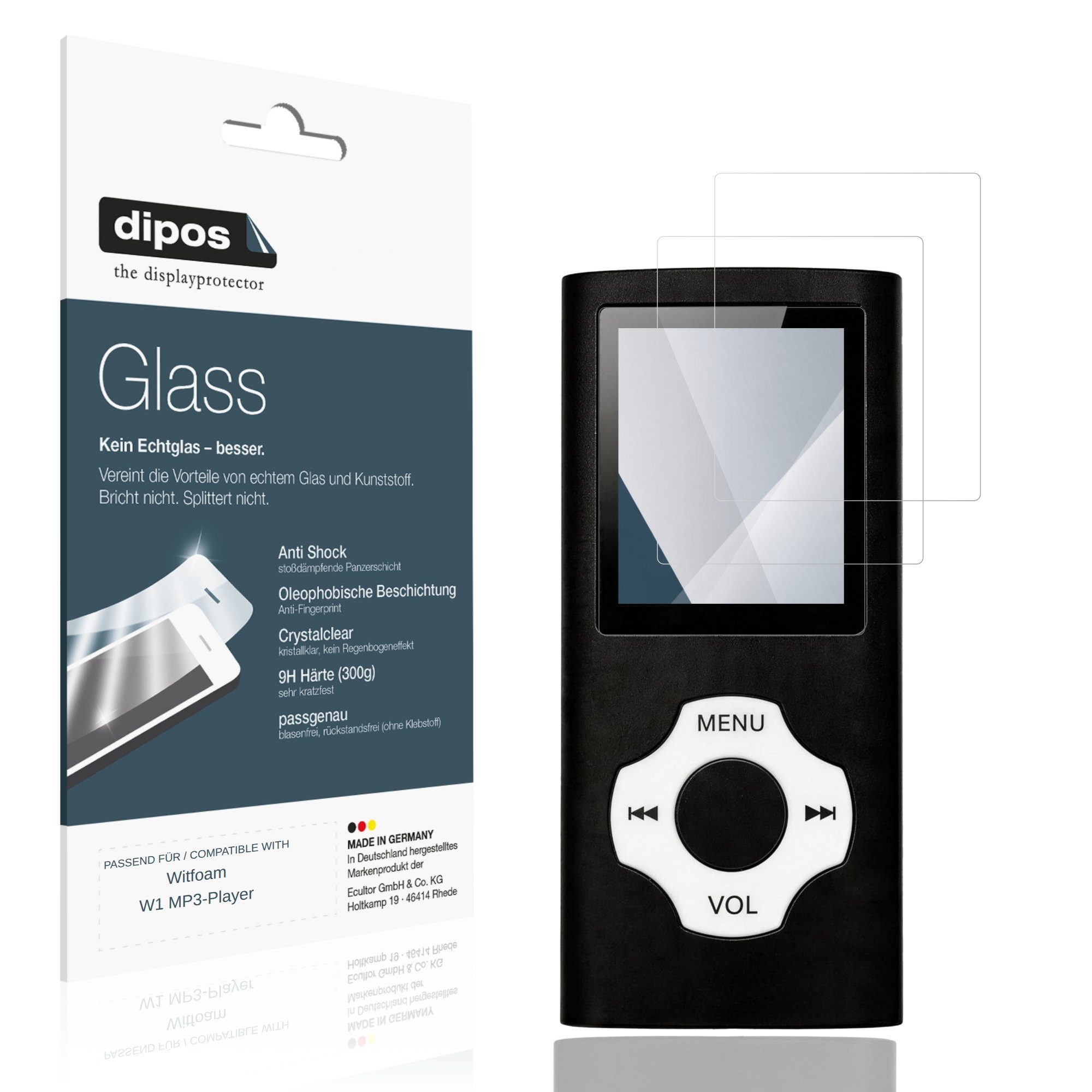 dipos Displayschutzfolie Schutzfolie für Witfoam W1 MP3-Player, 2 Stück, Displayschutz Schutz Folie Made in Germany