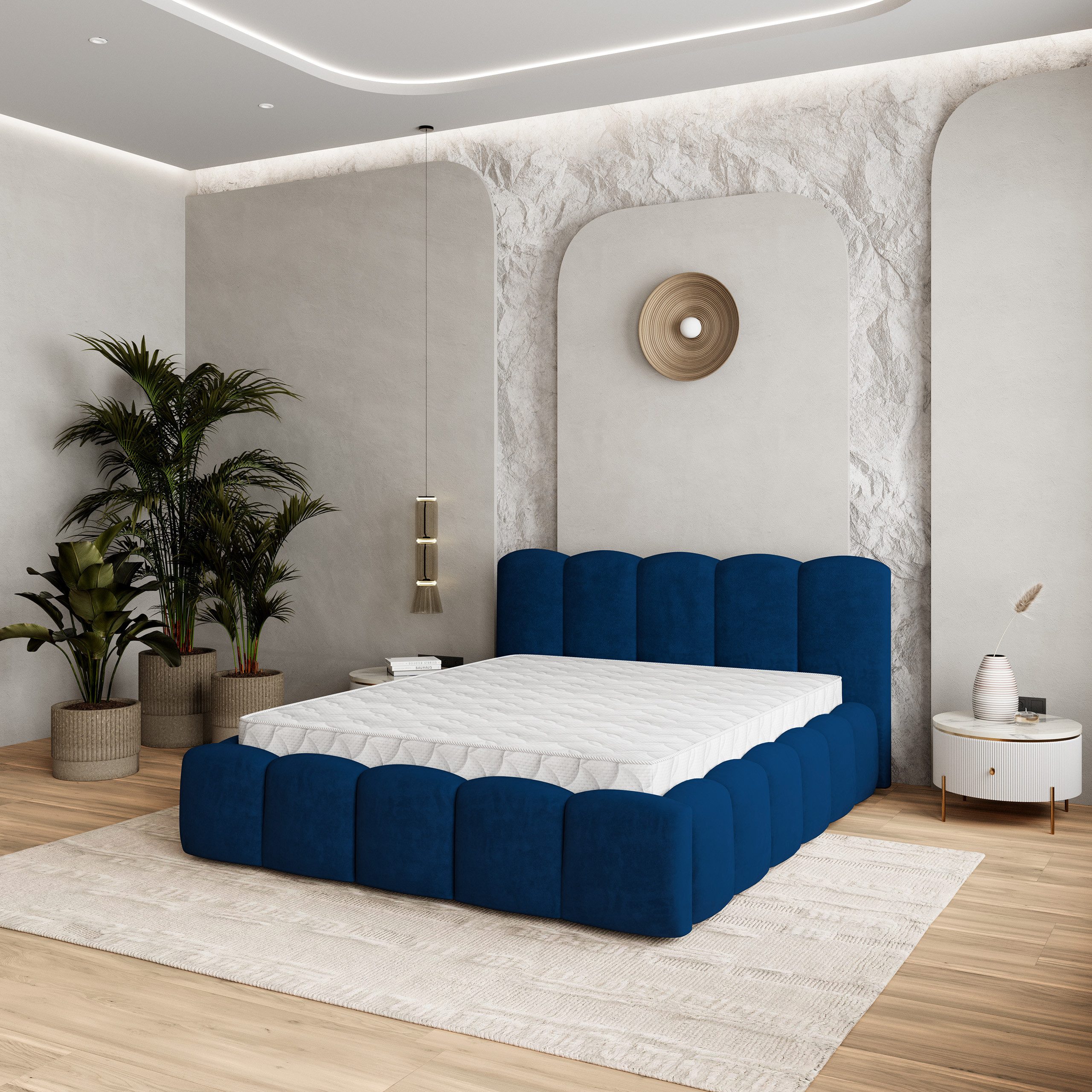 Masseno Polsterbett FALINA 200x200 cm blau (mit Bettkasten und Lattenrost)