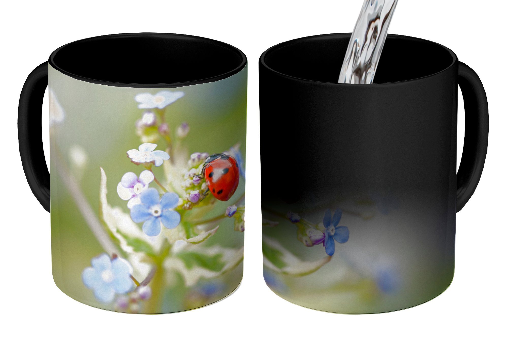 - - Marienkäfer Blume Zaubertasse, Geschenk Tasse Farbwechsel, Kaffeetassen, MuchoWow Keramik, Frühling, Teetasse,