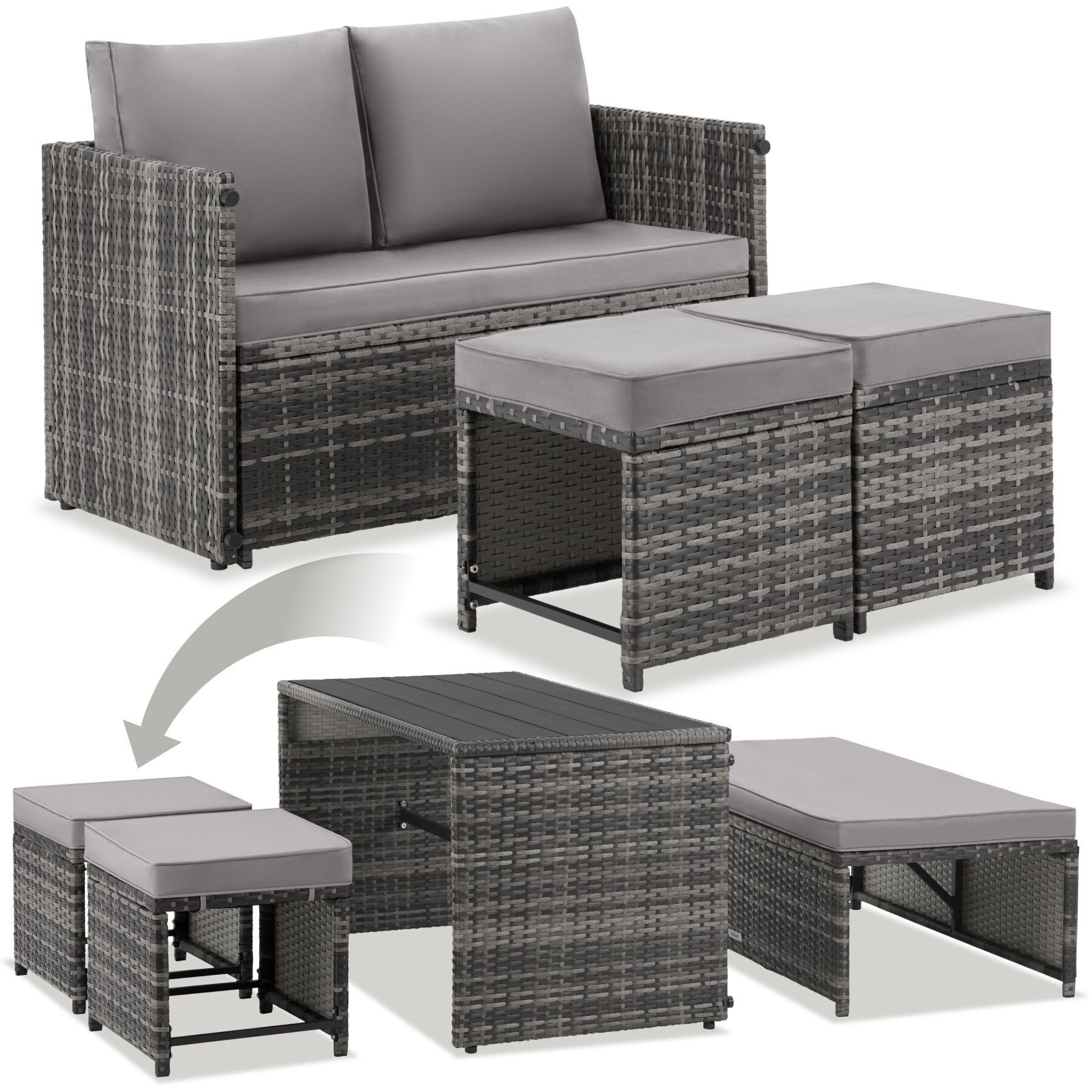 tectake Sitzgruppe 2-in-1-Rattanlounge-Set, höhenverstellbare Tischfüße, (Rattansitzmöbel Monopoli, 3-tlg., Holzoptik in grau), Tisch mit Lamellen, Belastbarkeit Bank 250 kg, Tisch 100 kg