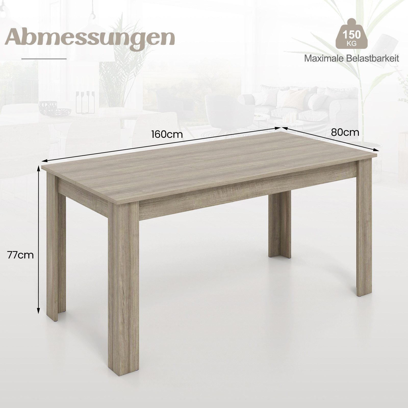 COSTWAY Esstisch, Küchentisch 160 x 80 cm bis 150 kg für 6-8 Personen Natur