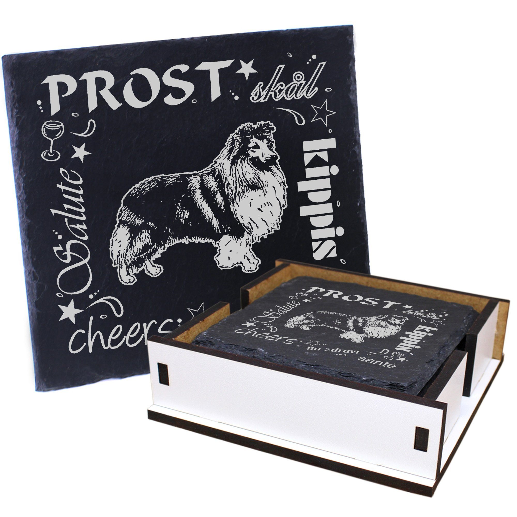 Dekolando Getränkeuntersetzer Prost Shetland Sheepdog Sheltie - inkl. Box & Flaschenuntersetzer, 6-tlg.