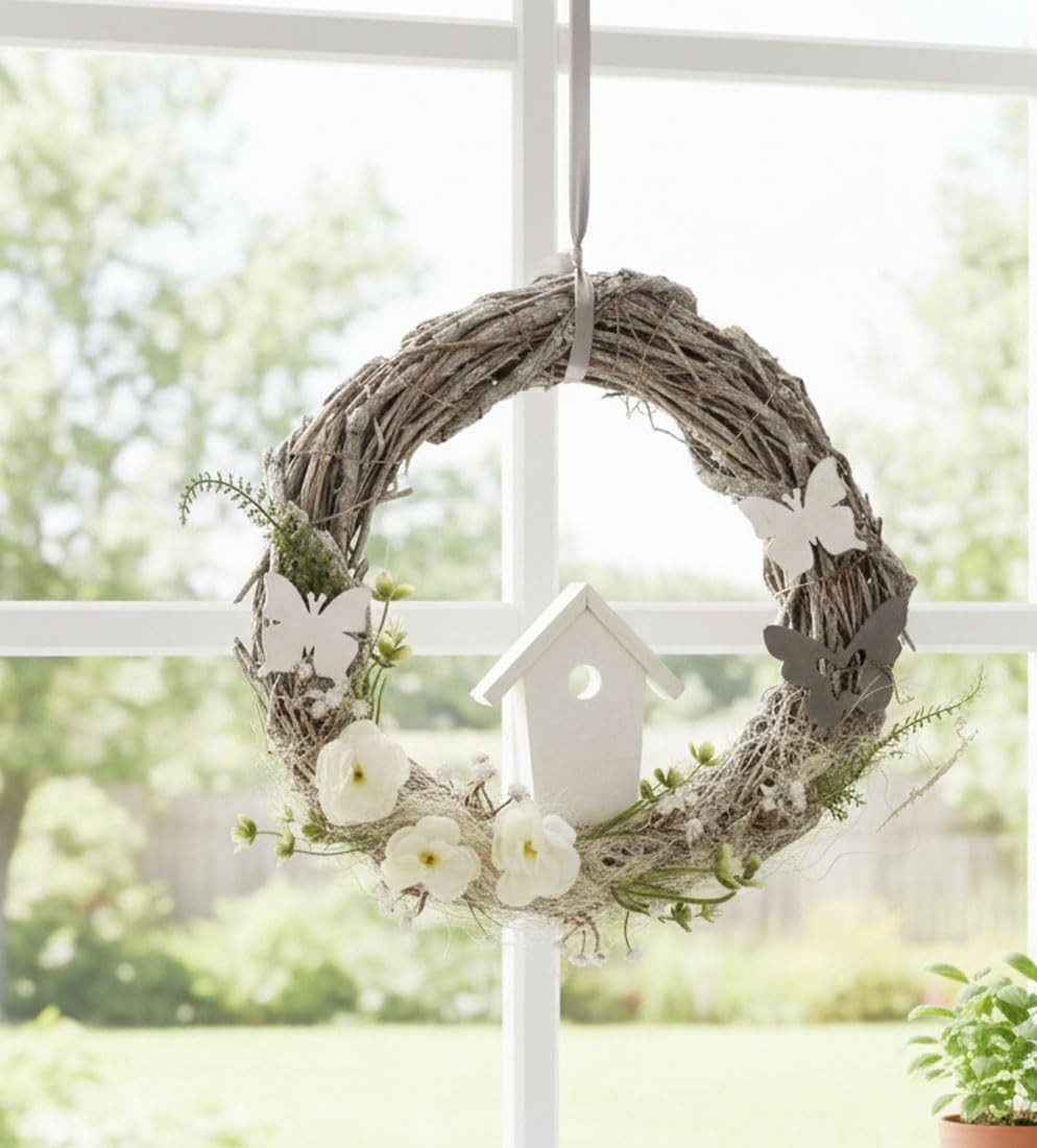 LB H&F Lilienburg Dekohänger Türkranz Frühling Frühlingsdeko Deko Eingang Dekoration Tür (Ostern Osterdeko Fensterhänger Dekohänger Fenster Fensterschmuck Wandschmuck Willkommen Girlande zum Hängen aufhängen Türschild Weide Weidenkranz Rattan Weide natürlich künstliche Blumen Hochzeit Herbst Osterkranz Osterhänger Osteranhänger Dekokranz Sommer außen Blumenkranz Frühlingskranz Fensterbehang Sommer Fensterdekoration Dekoration Tür Dekoaufhänger Holzaufhänger Hängedekoration Fensteranhänger basteln Fenstergirlande Wandbehang künstlich lebensecht Seidenblumen Kunstkranz künstlicher Haustürkranz, Eingangstür Anhänger Hänger Herz Frühjahr Türhänger Türschmuck), grau weiß Schmetterling Blumen VOGELHAUS