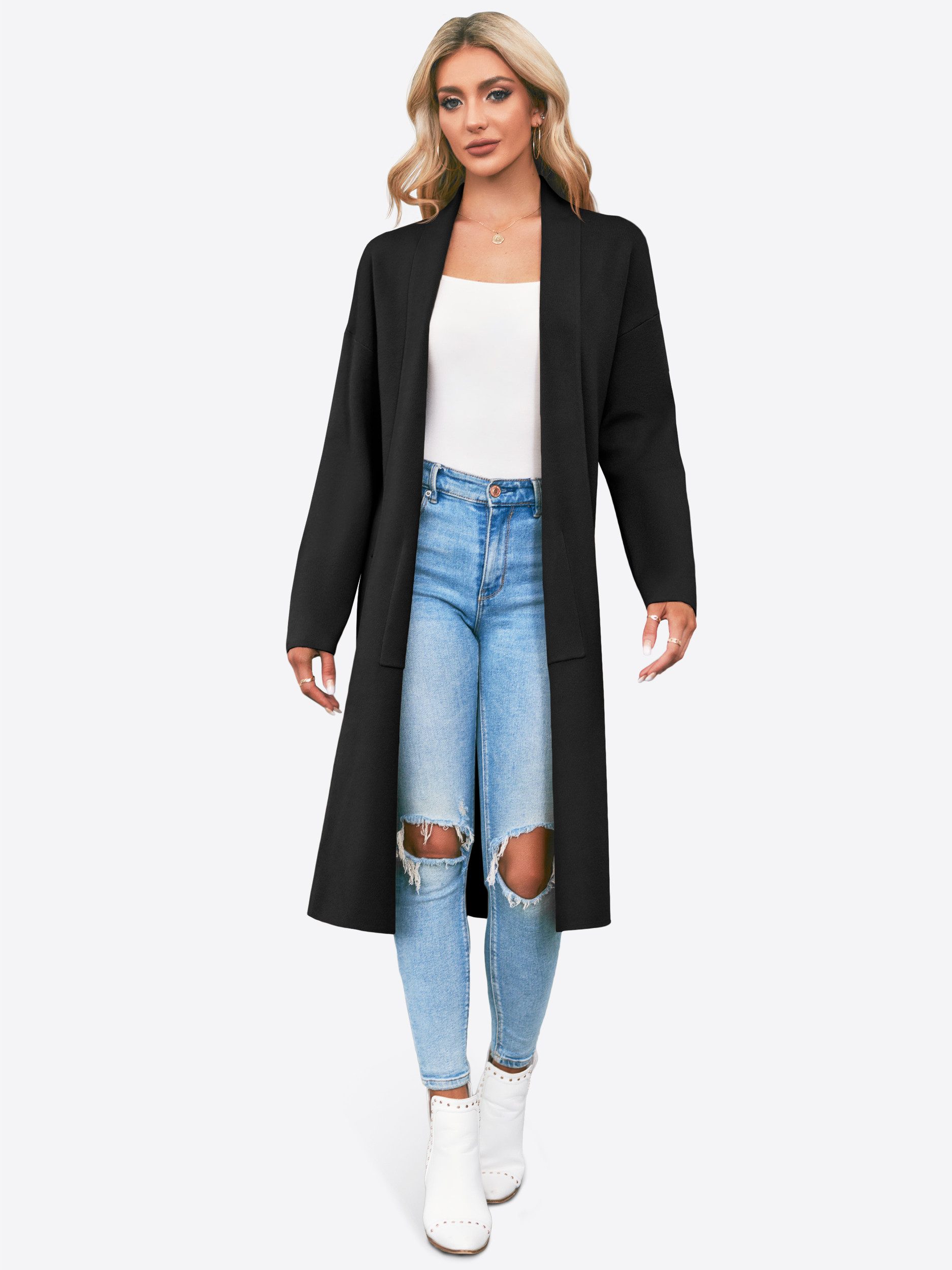 Imily Bela Cardigan Damen Oversize-Langcardigan mit Revers (Packung, 1-tlg., 1per-Pack) Zwei Taschen