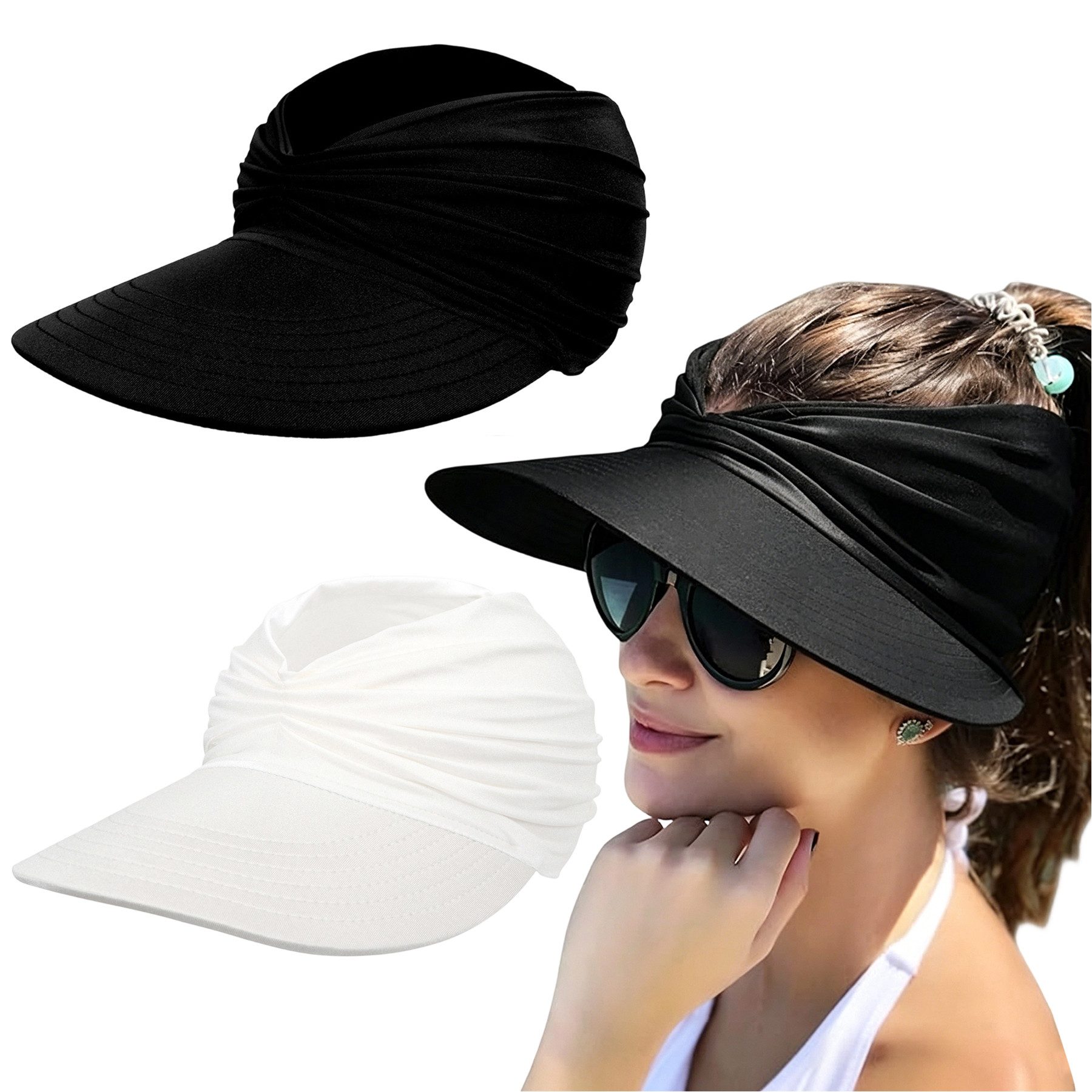 Mutig Strohhut 2 Stück Damen Sonnenhut Visor UPF 50+ mit breiter Krempe (faltbar verstellbar Sommerhut mit Pferdeschwanz Öffnung, UV Schutz Hut) für Strand, Outdoor und Wandern