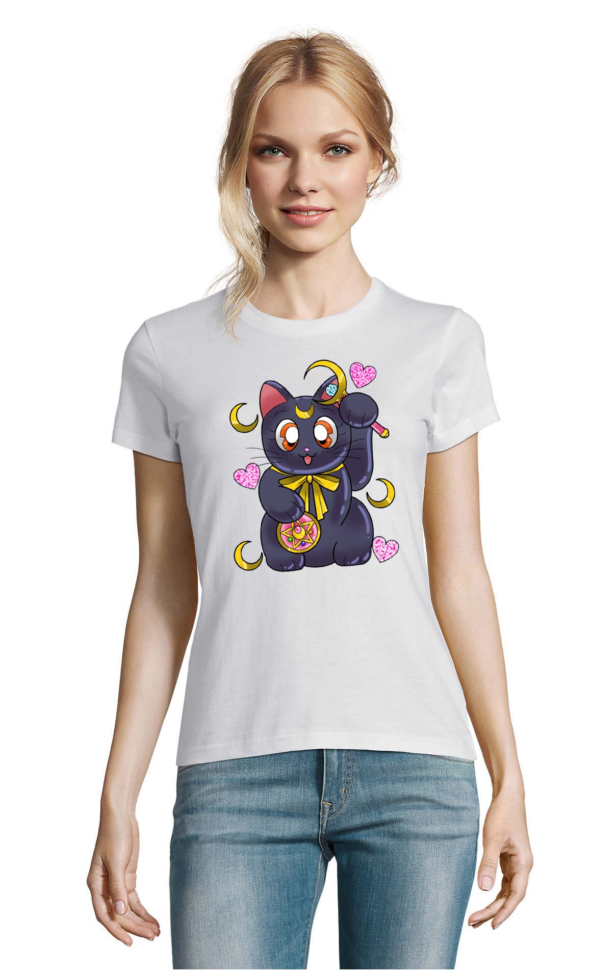 T-Shirt Süße Sailor Katze Cat Luna Moon Anime Manga Damen Fun Shirt