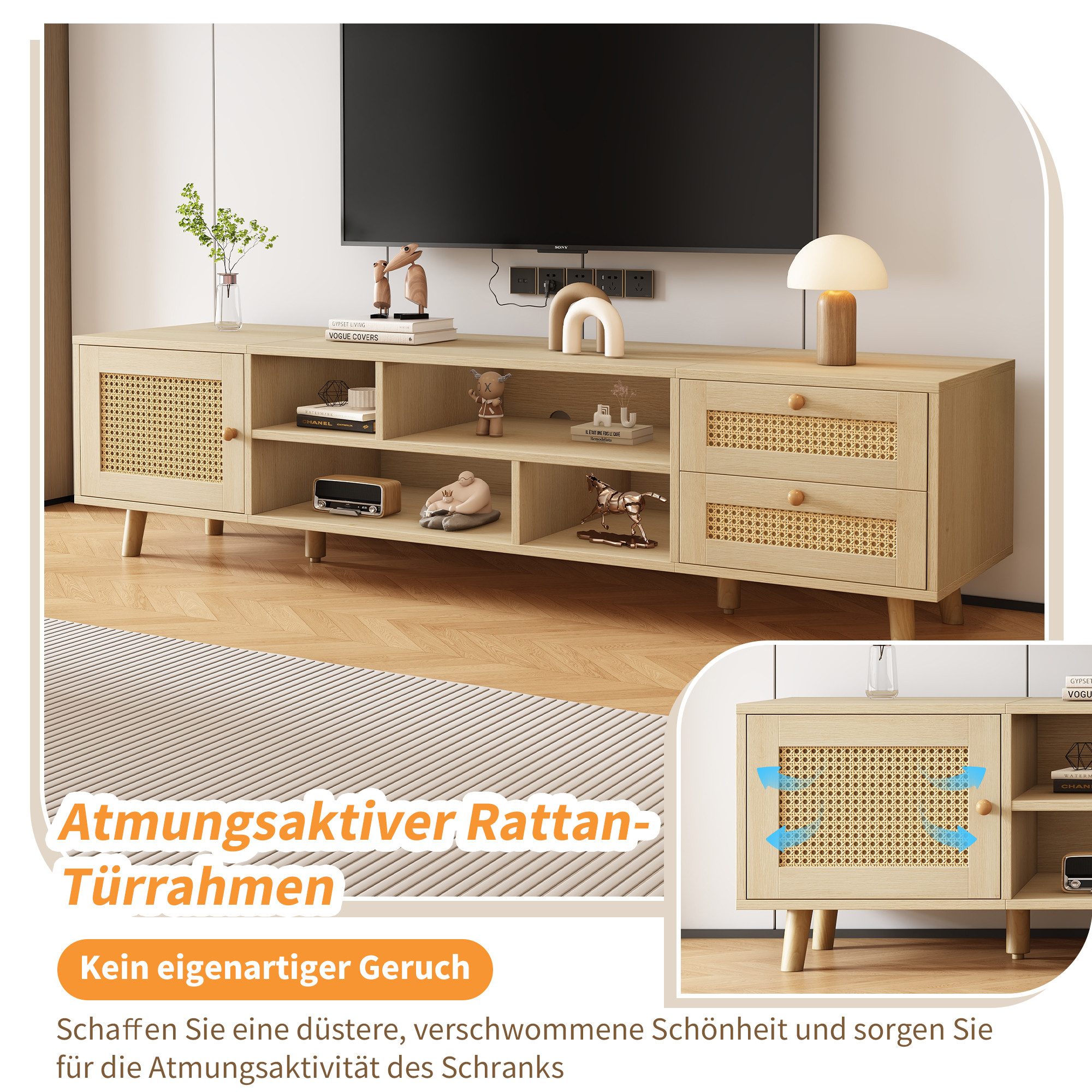 Merax Lowboard mit Tür und Schubladen Rattangeflecht, TV-Schrank mit offenen Fächern,Fernsehtisch Landhaus,B:160cm