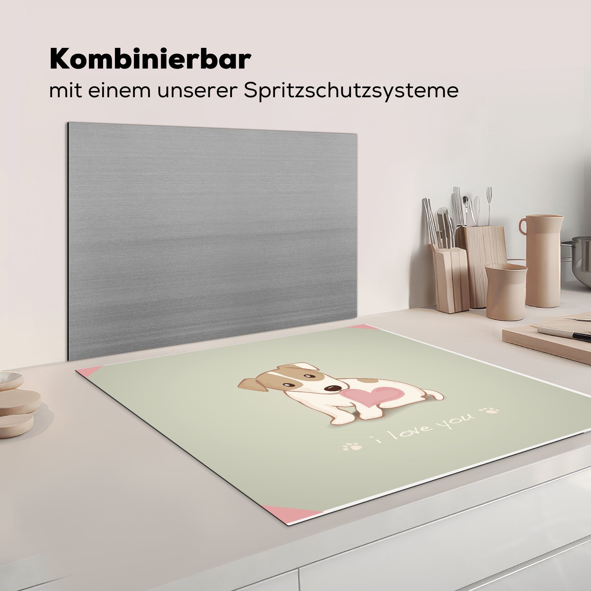 Arbeitsplatte weißen einem Herz, Welpen 78x78 MuchoWow braunen Illustration Herdblende-/Abdeckplatte küche für cm, mit Vinyl, eines und Ceranfeldabdeckung, Eine (1 tlg),