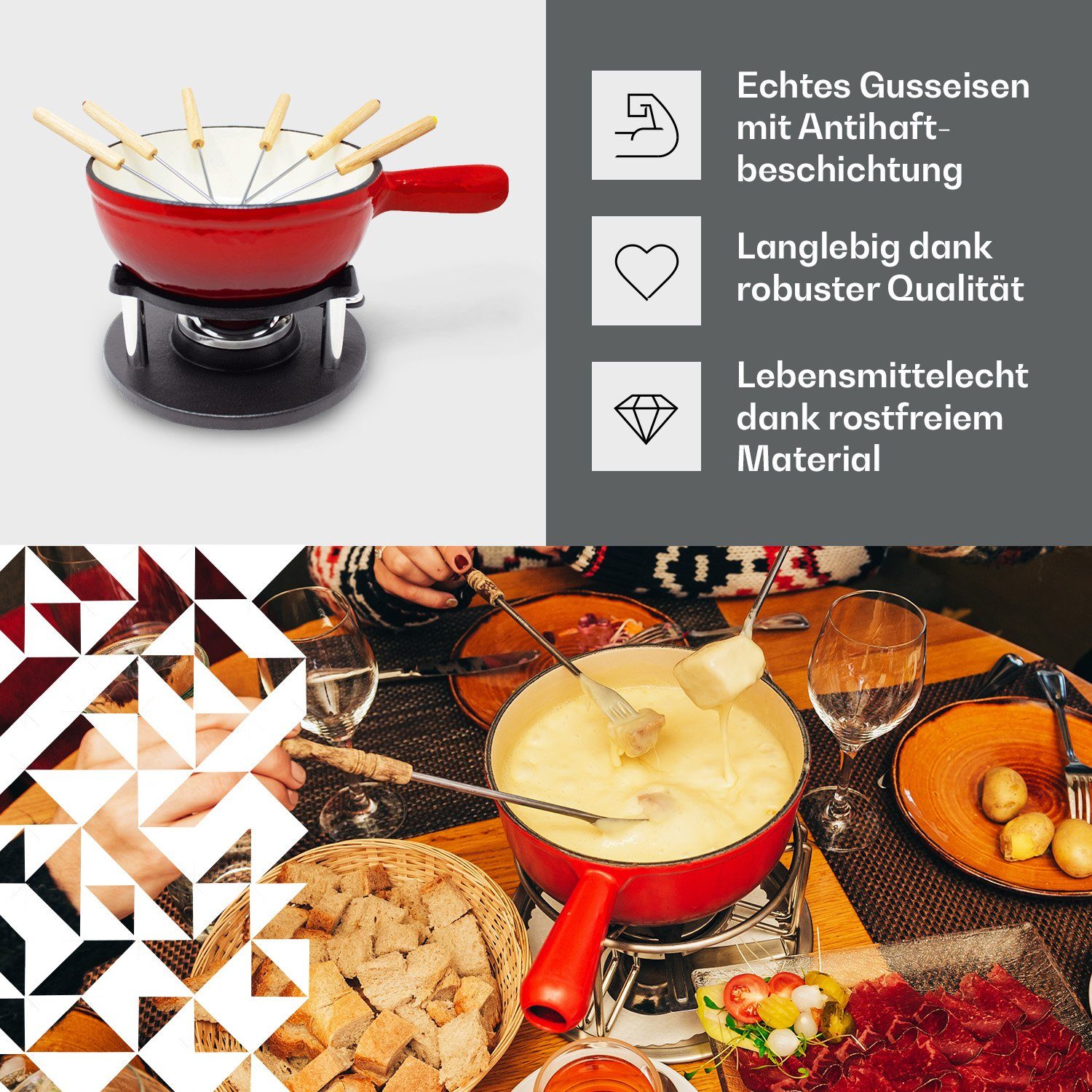 Fondue Gusseisen 1,5 Holsten, Gabeln Klarstein 6 L Brenner Rot Fondue-Set Stövchen Topf