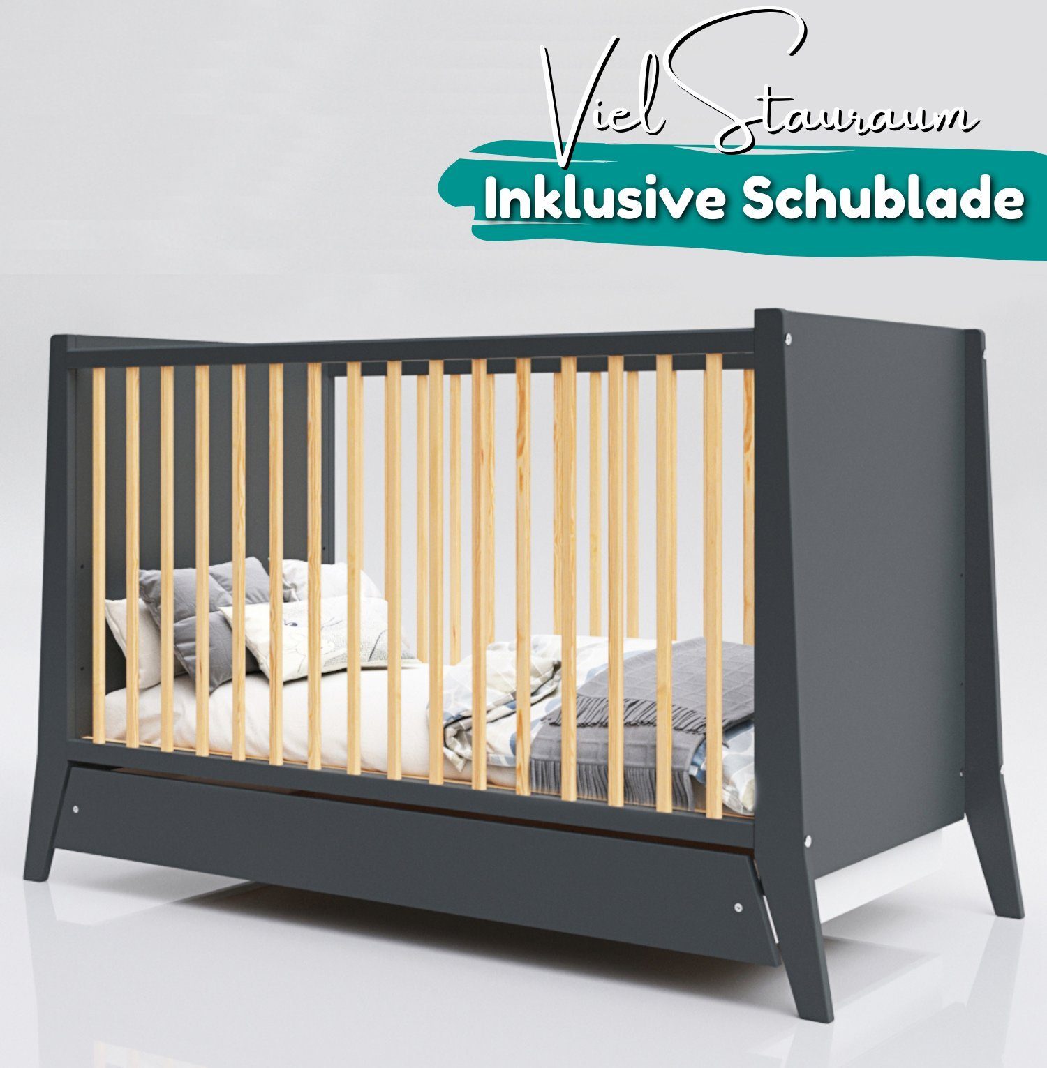 Grau aus mit Alavya I Schubladen - Babybett SET Schubladen Komplett Ihres Schatzes, Matratze für Matratze Babybett 60x120 + den Schlaf Home® ruhigen Qualitätsträume PARKER I Kiefernholz +