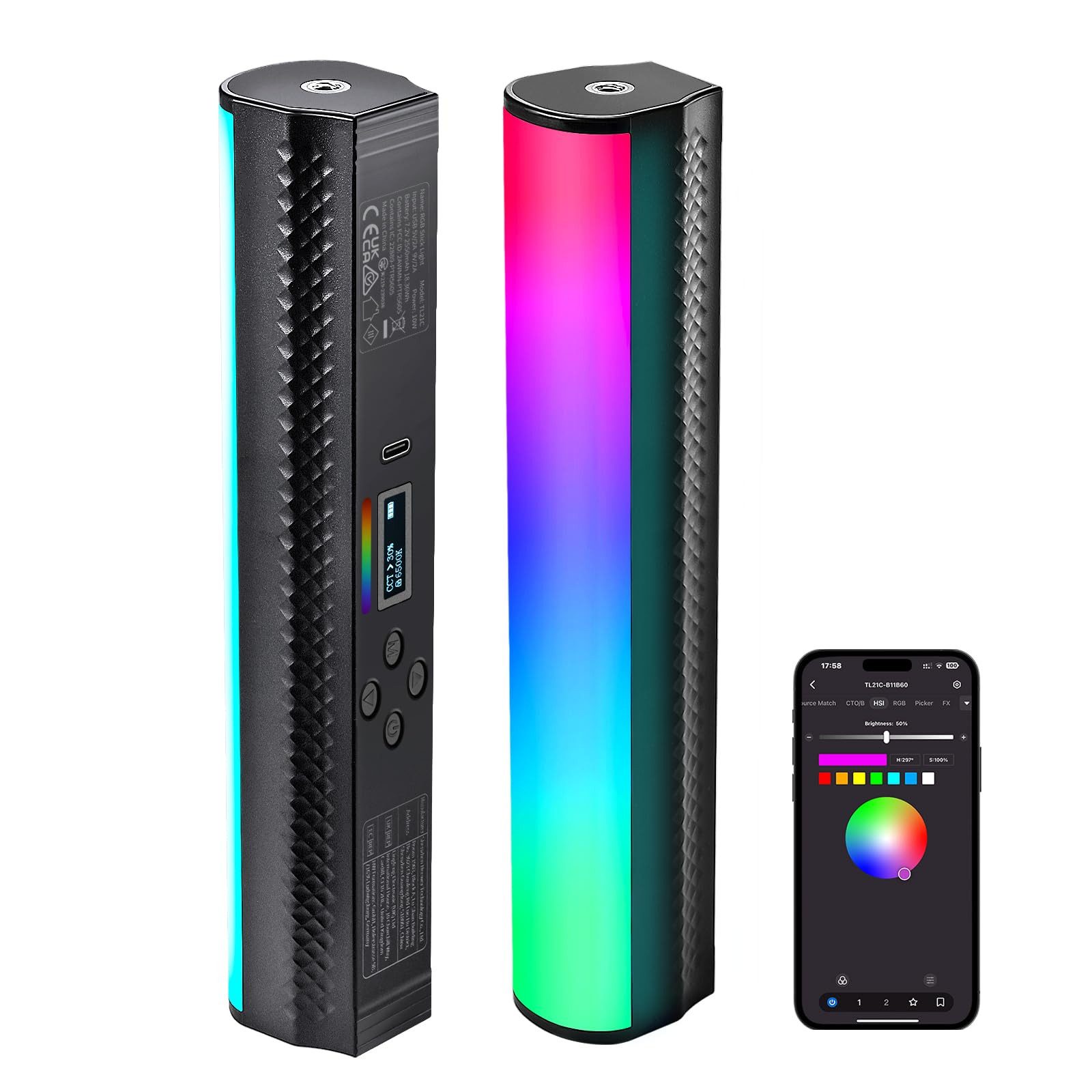 Neewer Videoleuchte TL21C Handlichtstab, Magnetischer RGB Lichtstab, mit APP Steuerung, 2550mAh Akku, 2500K~8500K dimmbar CRI 95+, für Fotografie Vlog TikTok
