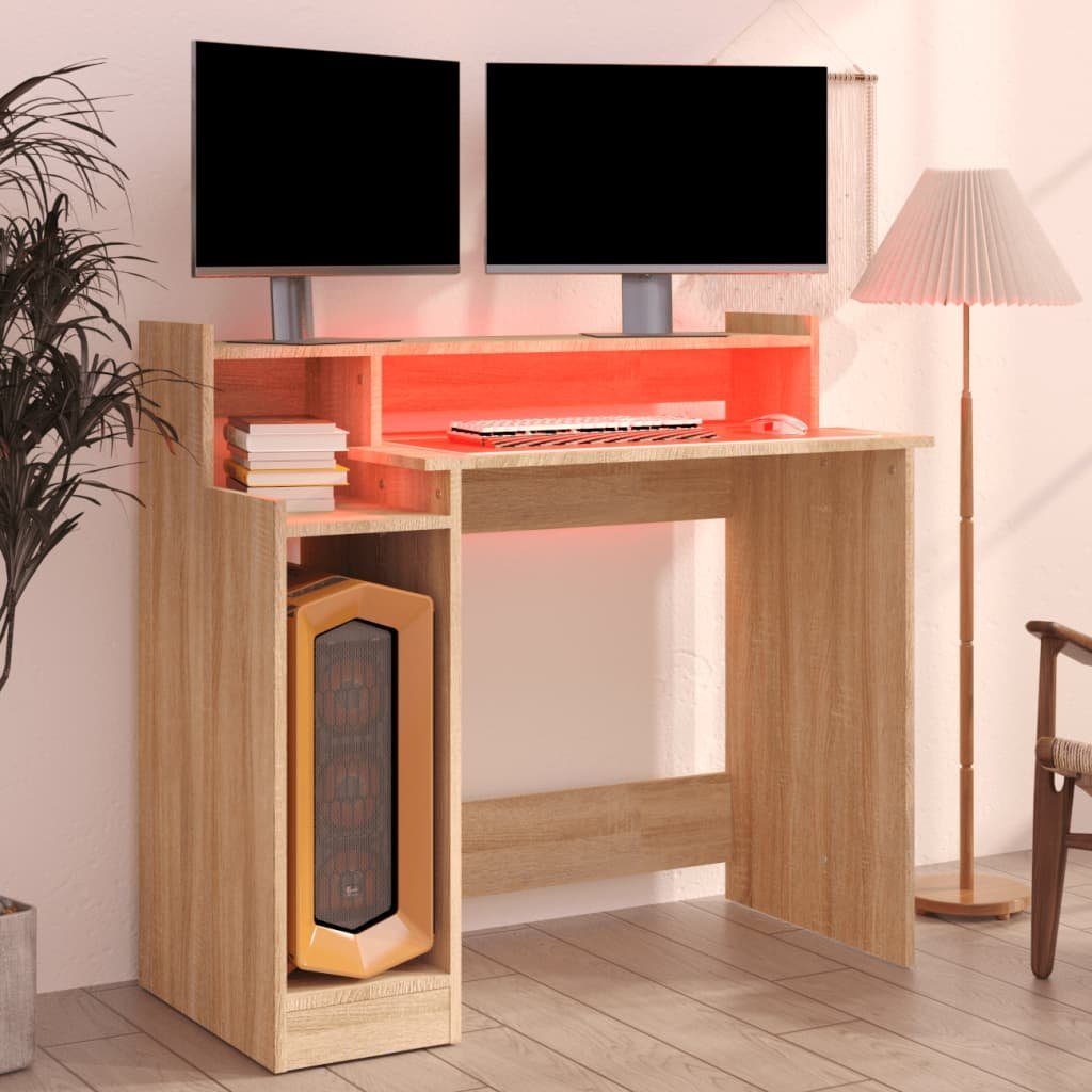 vidaXL Schreibtisch Schreibtisch mit | Holzwerkstoff LEDs Sonoma cm Sonoma-Eiche Sonoma Eiche 97x45x90 Eiche