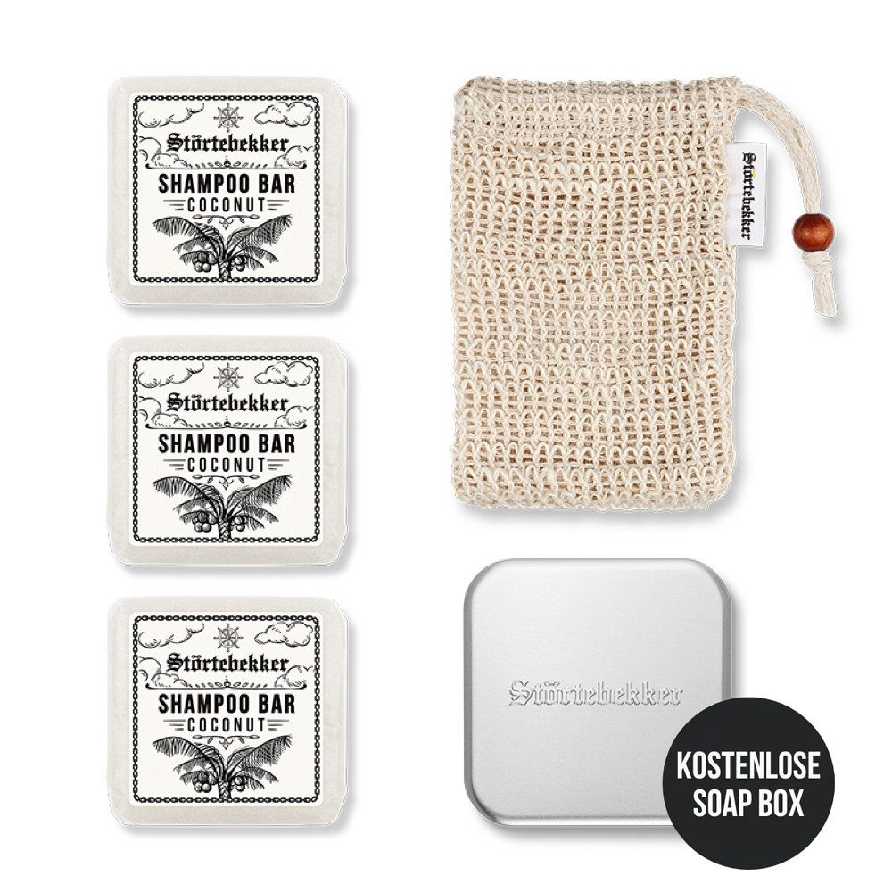 Störtebekker Festes Haarshampoo Duschset - 3x Shampoo, Soap Bag und GRATIS Seifendose, Veganes Shampoo, praktische Aufbewahrung, handgefertigt in Holland