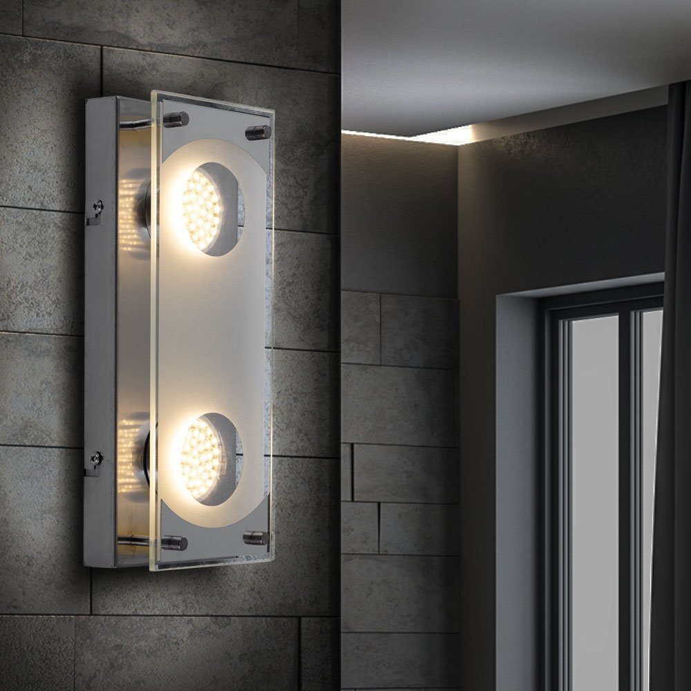 etc-shop LED Wandleuchte, Leuchtmittel Wandleuchte Glas Stahl Warmweiß, Wand, inklusive, Wohnzimmerleuchte Chrom Wandlampe