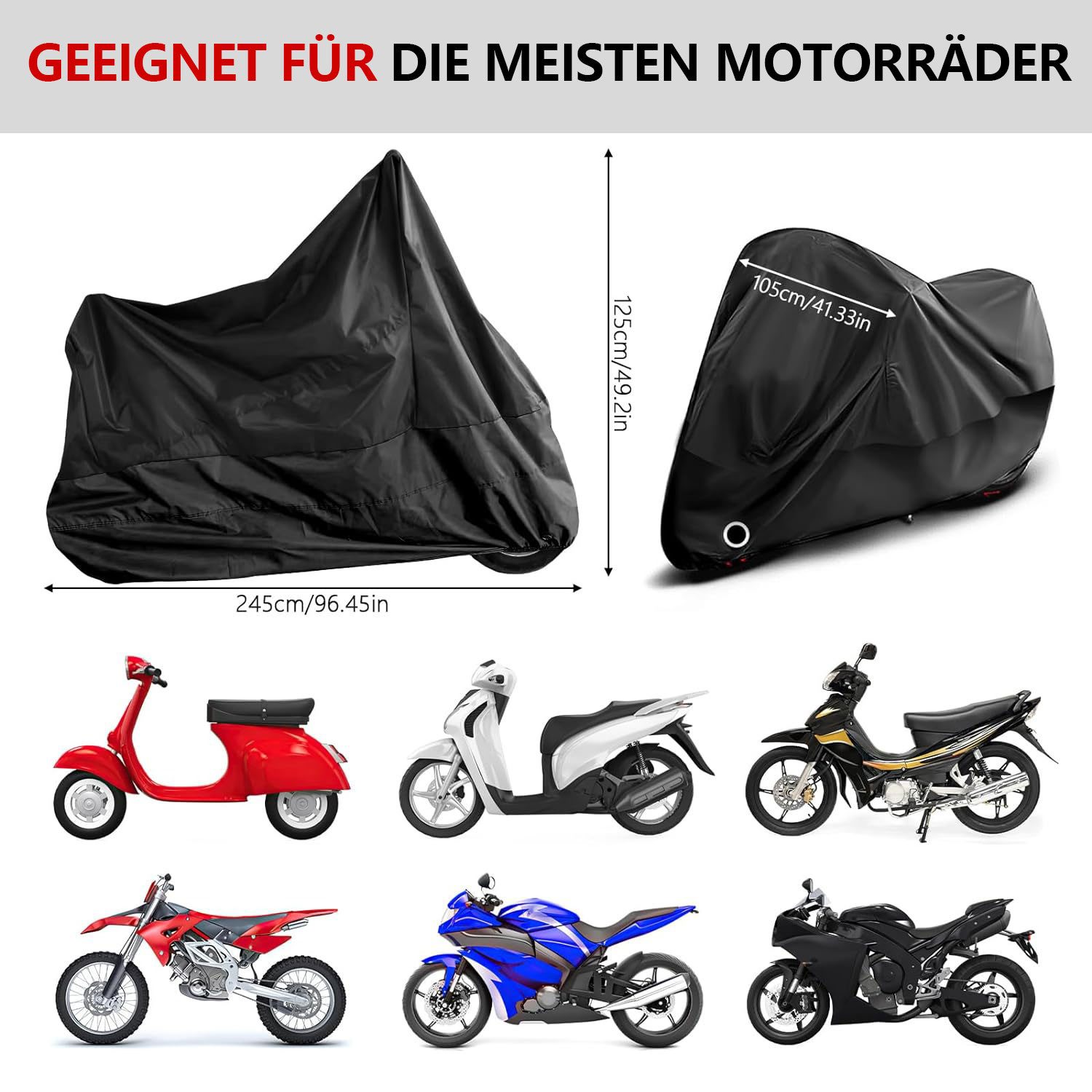MODFU Fahrradschutzhülle Motorradabdeckung Fahrradgarage Plane Wasserdicht UV-beständig (aus Polyester mit Verriegelungsloch und verstellbarem Gummiband, 1-St., 245x105x125 cm Fahrrad Garage Schutzhülle Abdeckplane Fahrradplane), Wetterfest Winterfest Regenschutz Schutzbezug für Motorrad Fahrrad