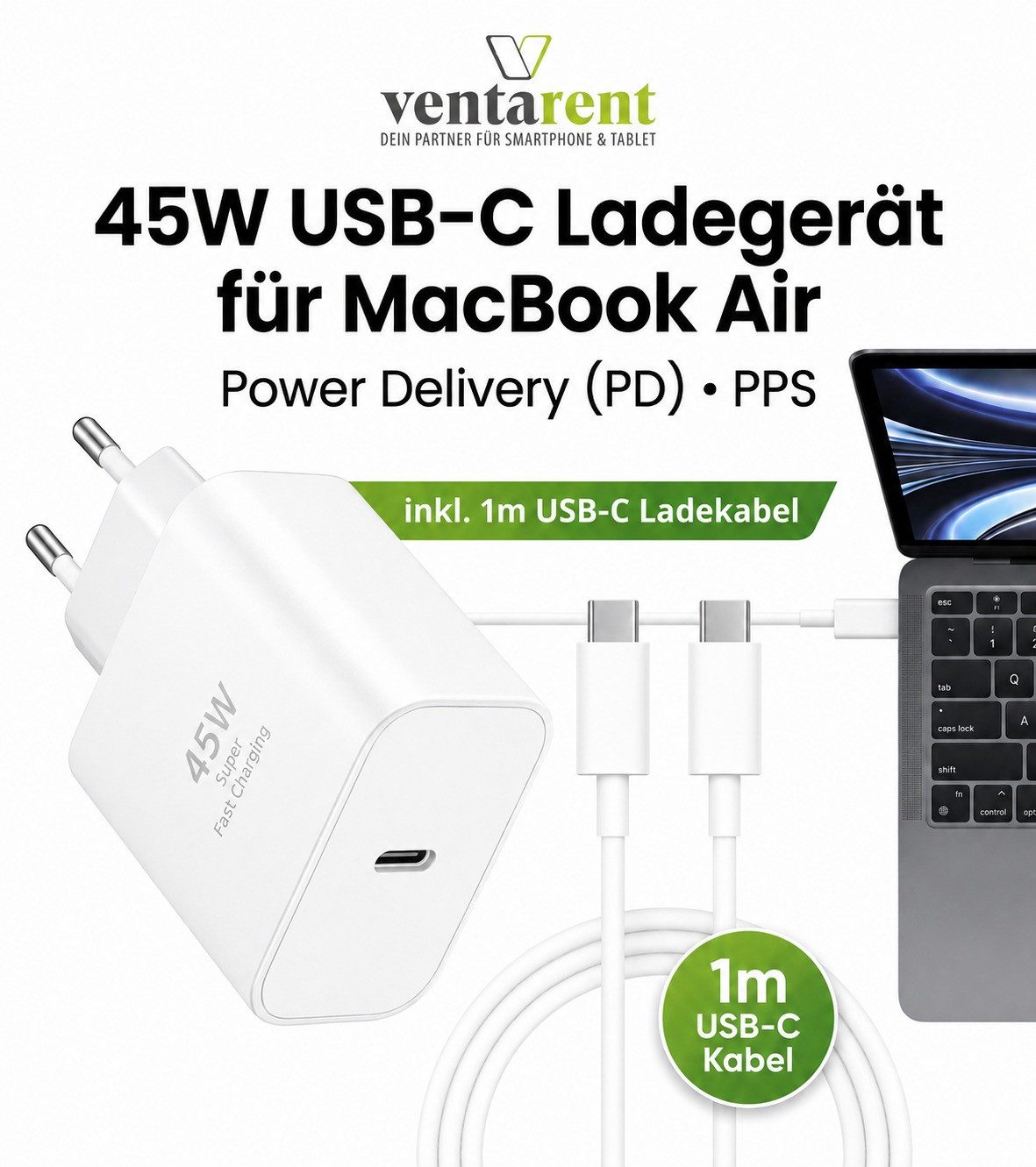 Ventarent 45W USB-C Ladeset mit Ladekabel für MacBook Air, iPad Pro & Air USB-Ladegerät (3000 mA, Set, 2-tlg., 45W USB-C Netzadapter, USB-C Ladekabel, 45W Schne – Bild 2 von 5
