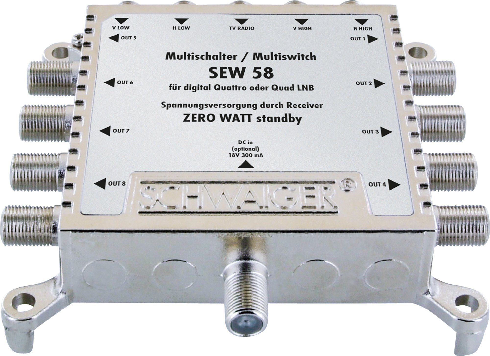 Schwaiger SAT-Multischalter SEW58 531 (verteilt 1 Satellitenpositionen auf 8 Ausgänge), unabhängige Programmvielfalt für alle Teilnehmer