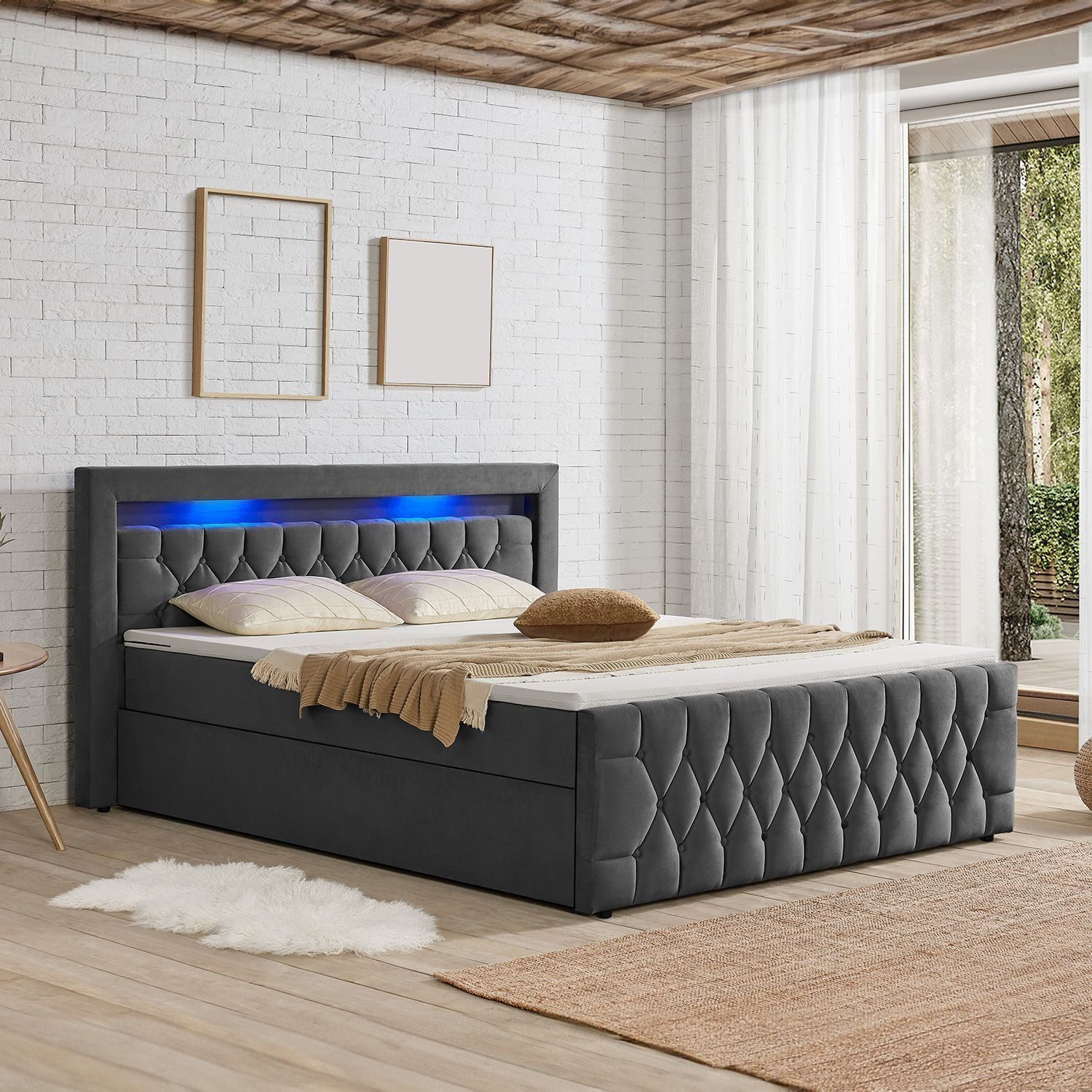 Juskys Polsterbett Leona, 140x200 cm, Boxspringbett-Optik, Samt-Bezug, LED-Licht, H4 Matratze