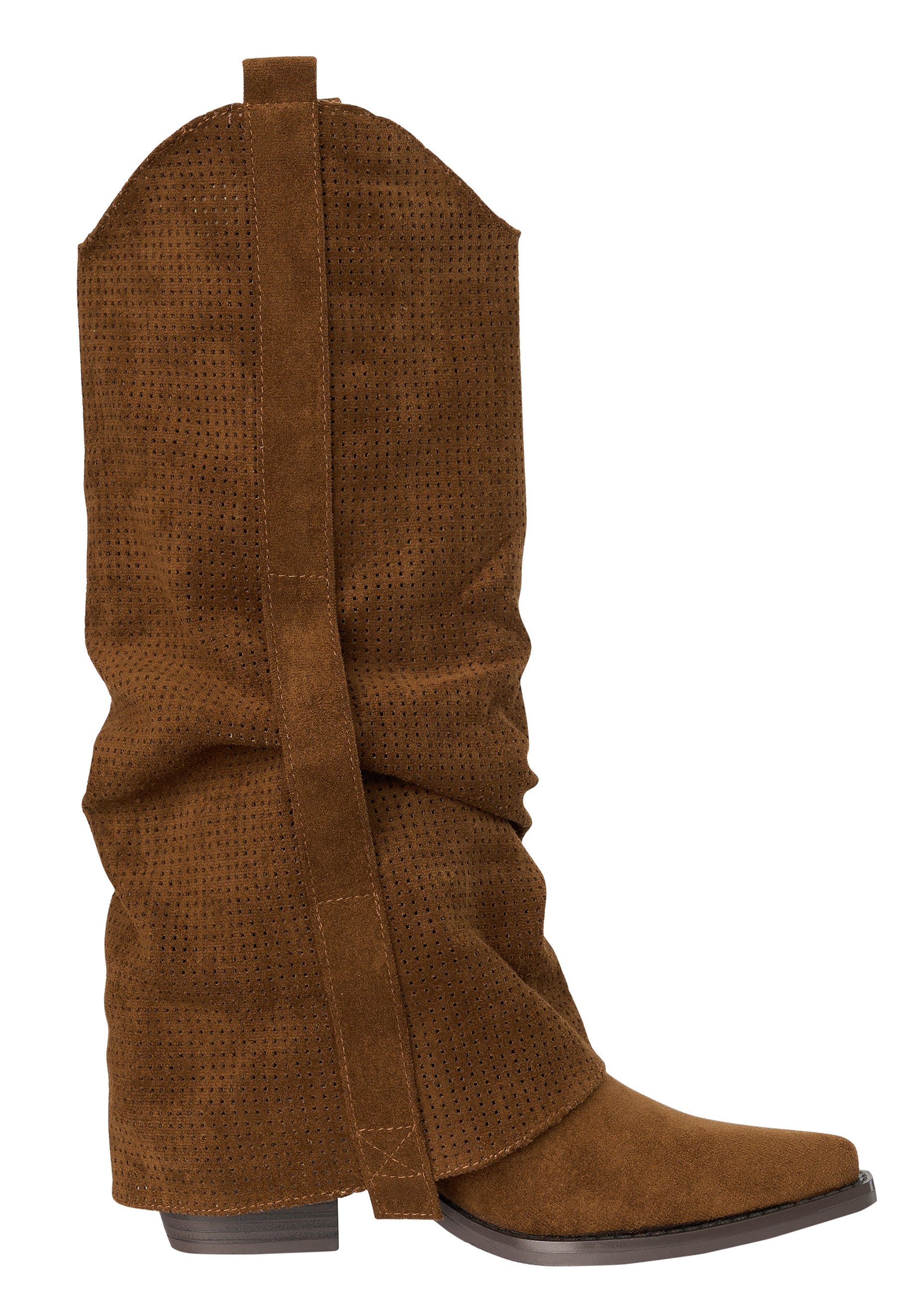 Salinyang Damen Cowboy Boots mit Overlay-Schaft, Lochstruktur & Zierschnalle High-Heel-Stiefel Overlay Schaft – Bild 2 von 5