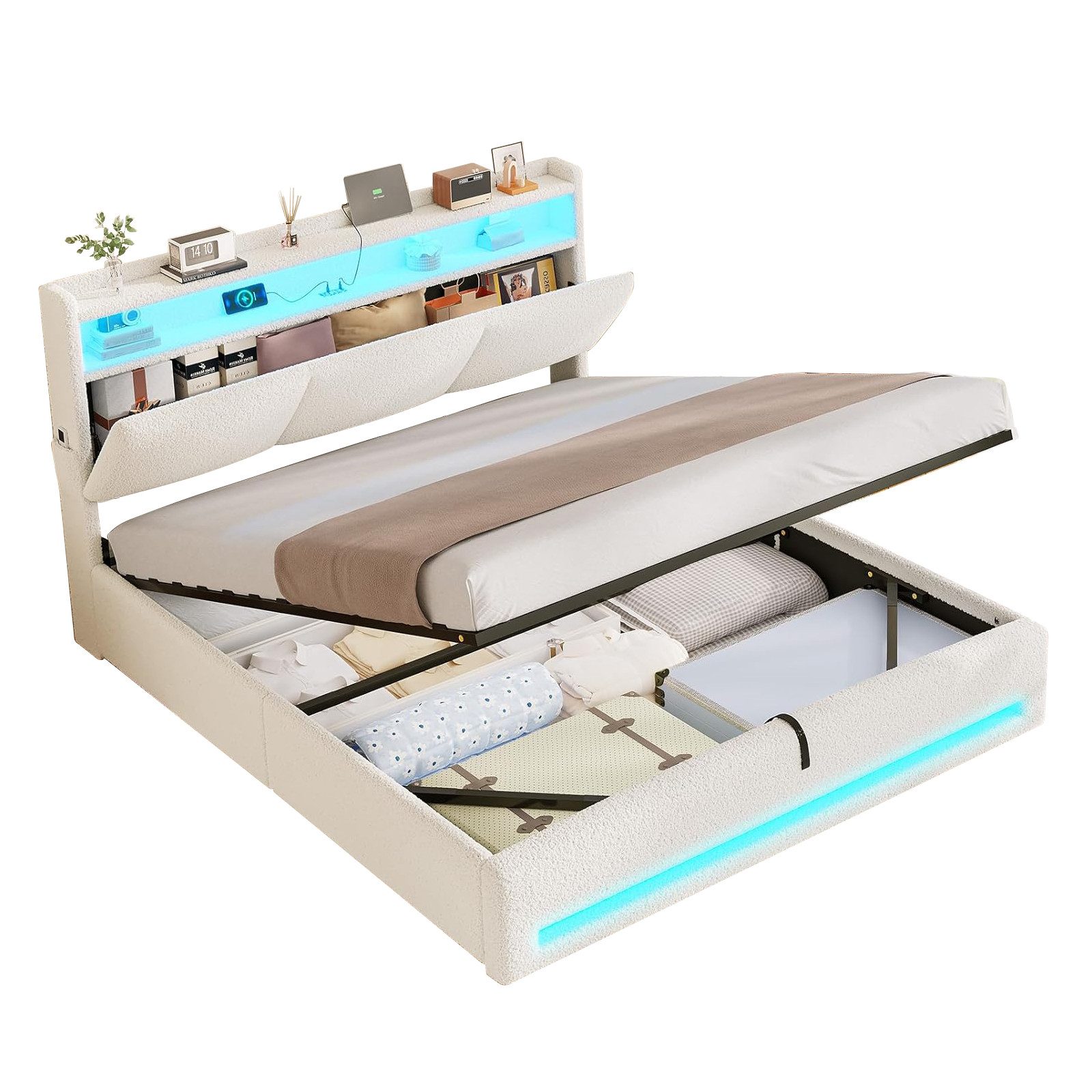 MSMASK Polsterbett mit Steckdosen und LED-Beleuchtung, Doppelbett mit Stauraum Kopfteil (1-tlg., Ohne Matratze), Hydraulik-Stauraumbett, Jugendbett 140x190cm