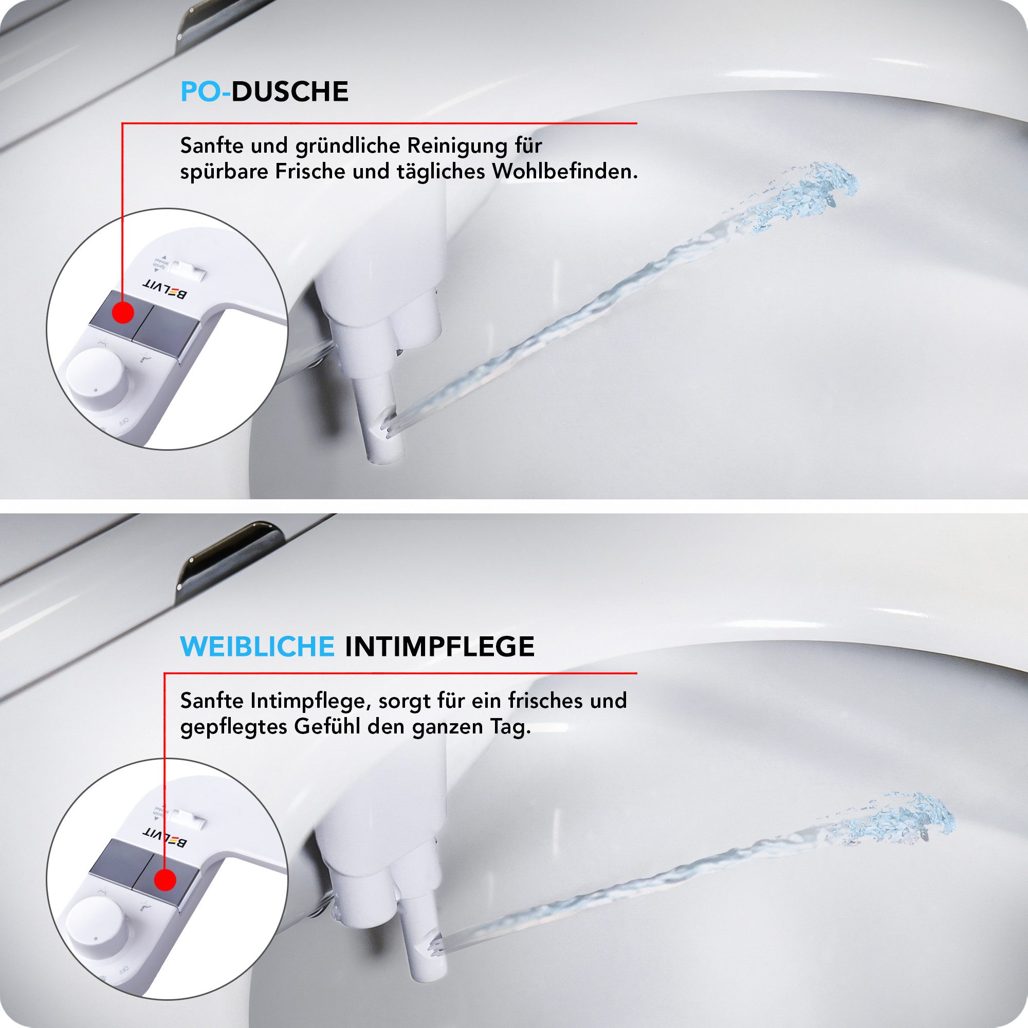 Belvit Bidet-Einsatz für Toiletten – Hygienischer WC Bidet Toilettenaufsatz ohne Strom, 1-tlg., einfache Reinigung, Dank Ein-Klick-Demontage, verstellbarer Wasserdruck & selbstreinigende Düse, einfache Montage