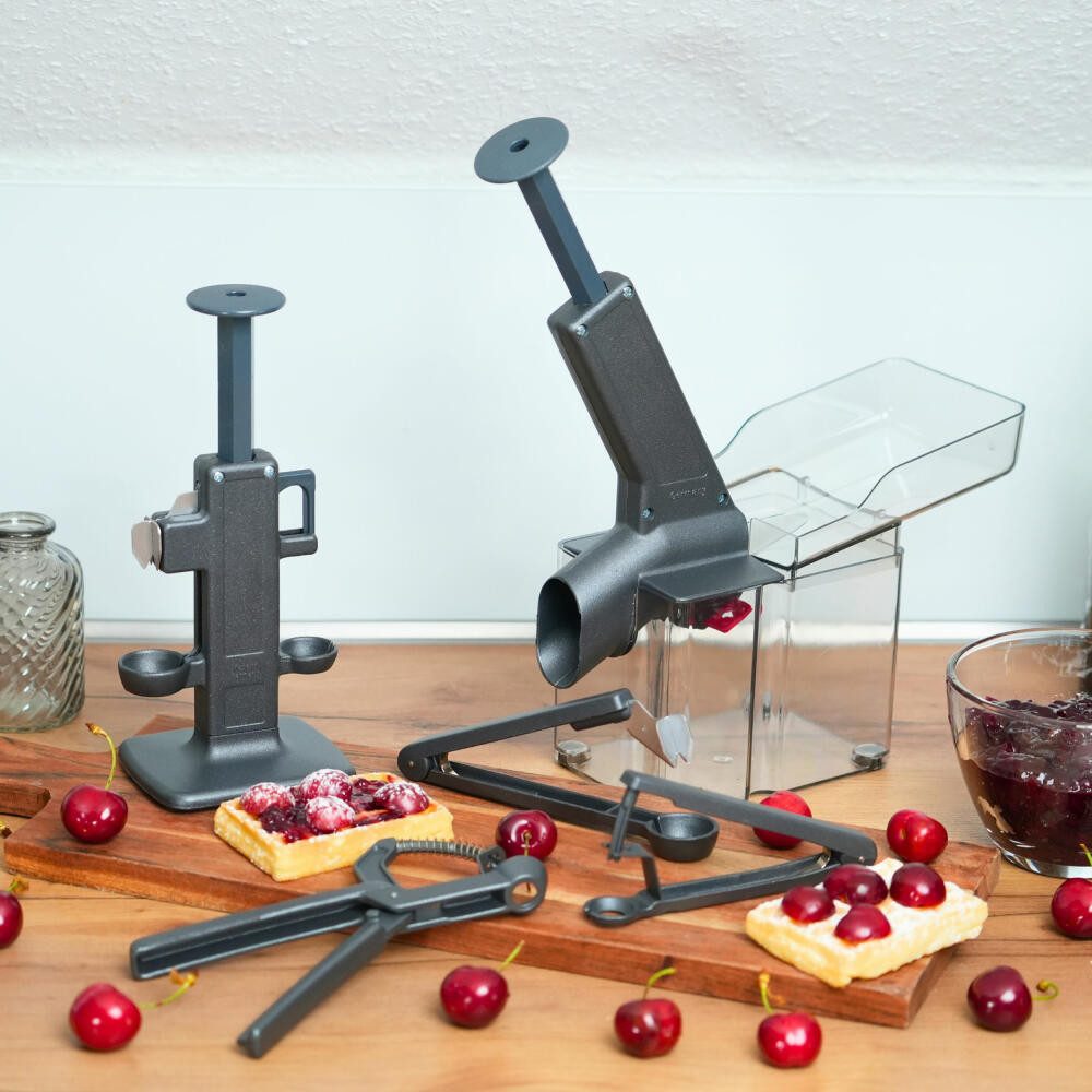 WESTMARK Entsteiner Kombi, Kirschen- und Pflaumenentsteiner, Steinex-Combi, Black Edition, Aluminium, ABS, Edelstahl, Made in Germany, BPA-frei, lebensmittelecht