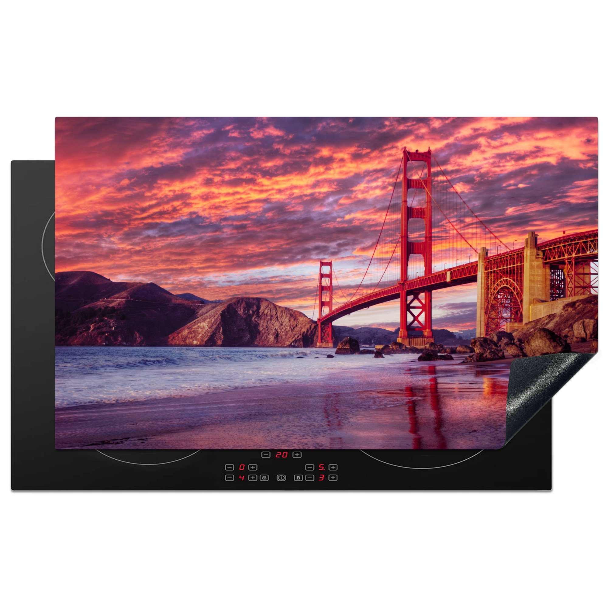 MuchoWow Herdblende-/Abdeckplatte Die Golden Gate Bridge mit einem wunderschönen lila Himmel, Vinyl, (1 tlg), 83x51 cm, Ceranfeldabdeckung, Arbeitsplatte für küche