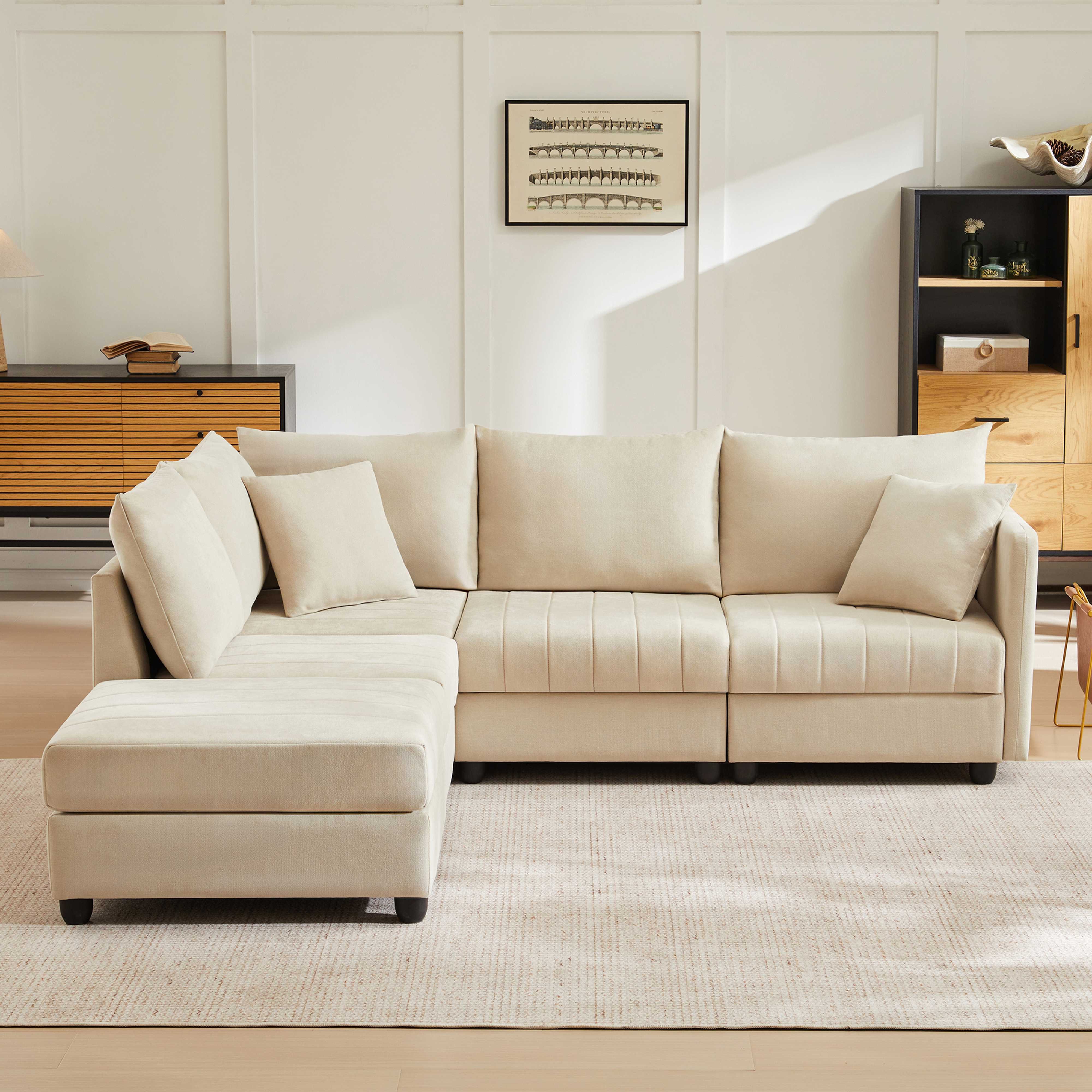 BlingBin Ecksofa Modulares Sofa 5-Sitzer mit flexiblem Fußhocker, 1 Teile, Taschenfederkern & hochelastische Polsterung, für Wohnzimmer