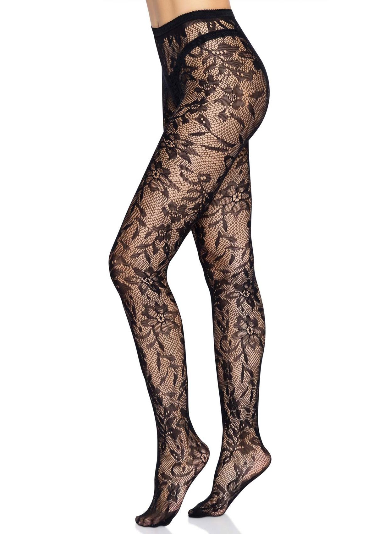 Leg Avenue schwarz mit DEN Blumenspitze Einheitsgröße Strumpfhose 0 Strumpfhose Damen nahtlos