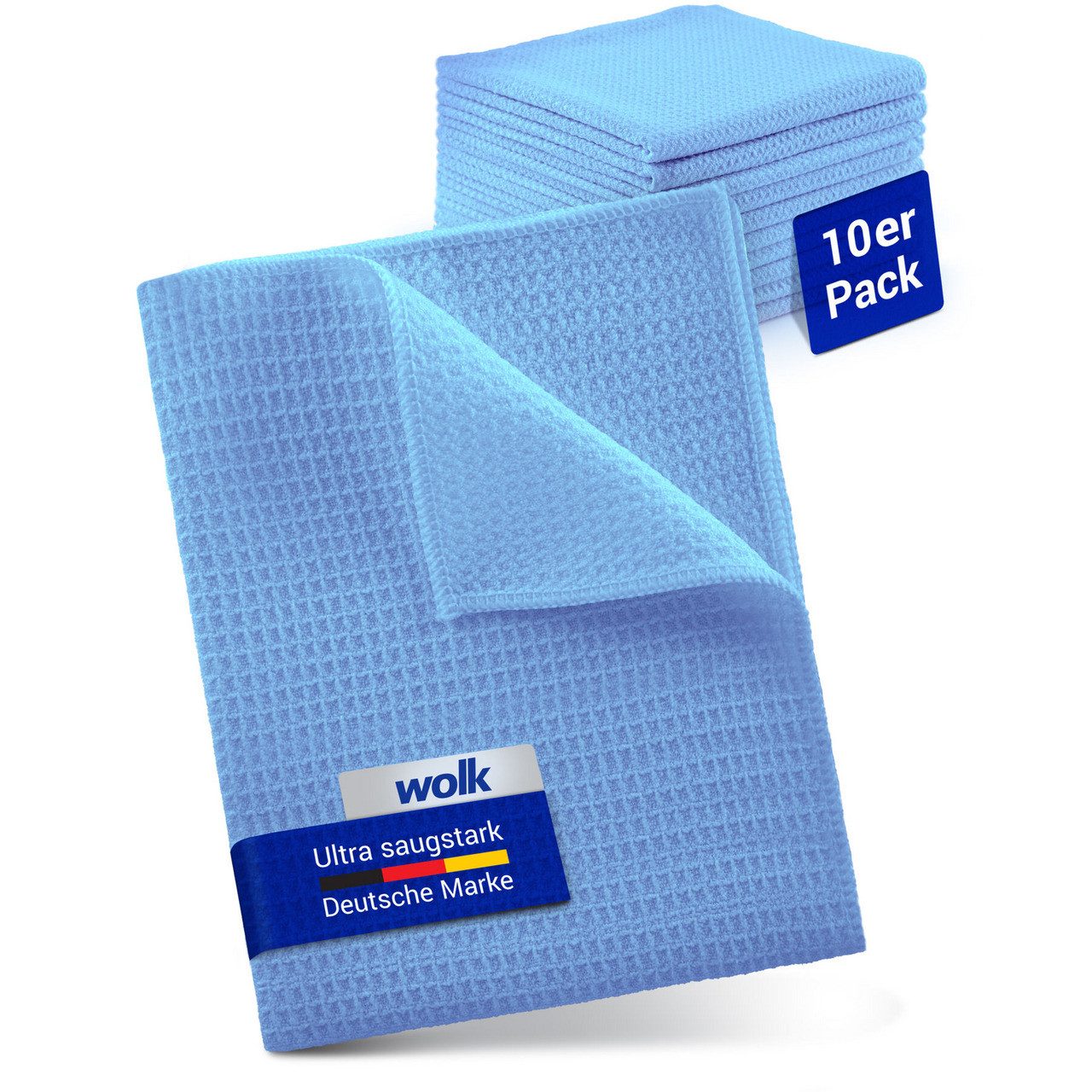 wolk Mikrofasertuch mit Waffelstruktur in blau - Reinigungstuch (Polyester, 38x38 cm, 10er-Set)