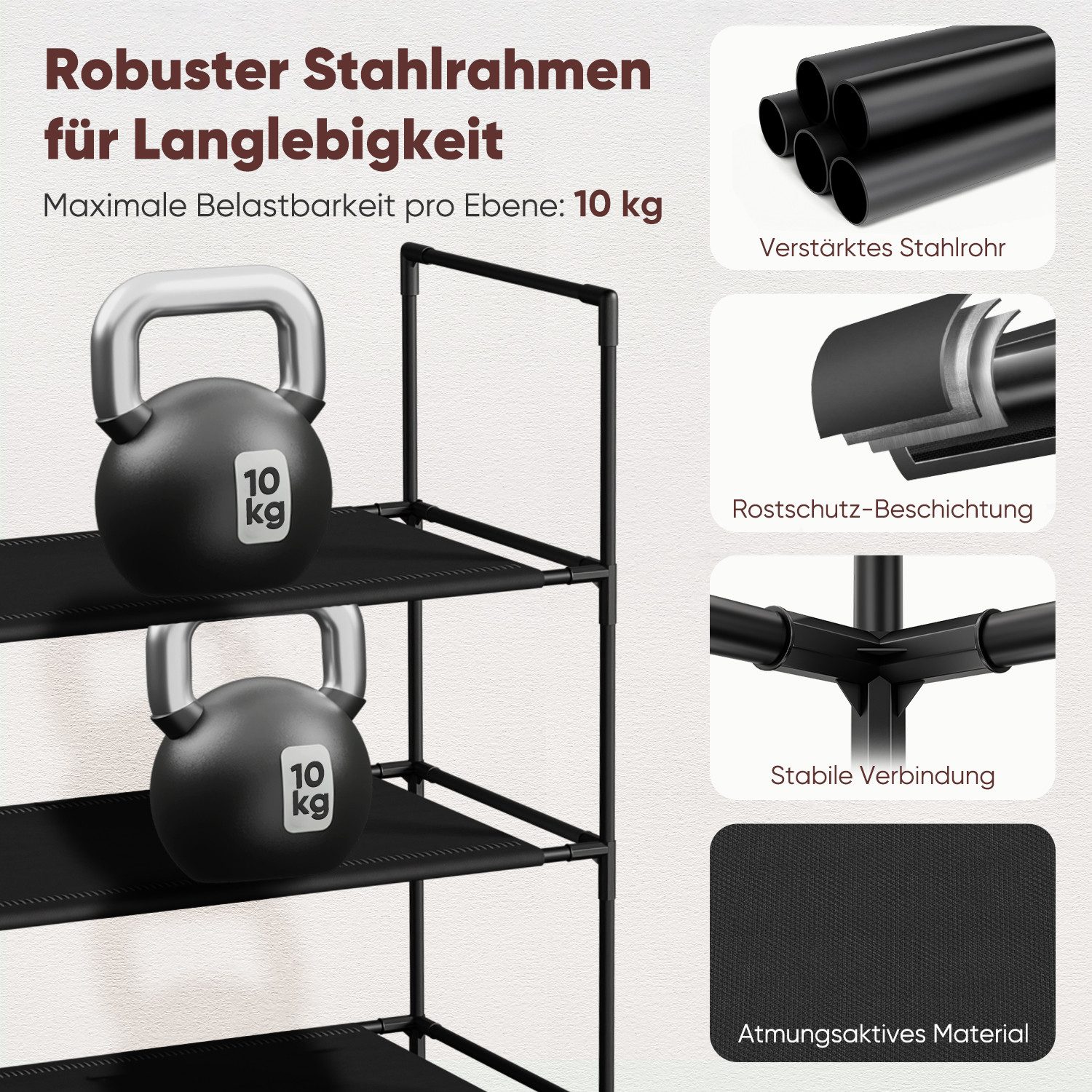 Sekey Schuhregal Schuhständer Metall XXL Ständer Regale Extra Breit 98,5 cm, 3 Ebenen, 12-20 Paar Schuhe, stapelbar & platzsparend, Vlies – Bild 5 von 5