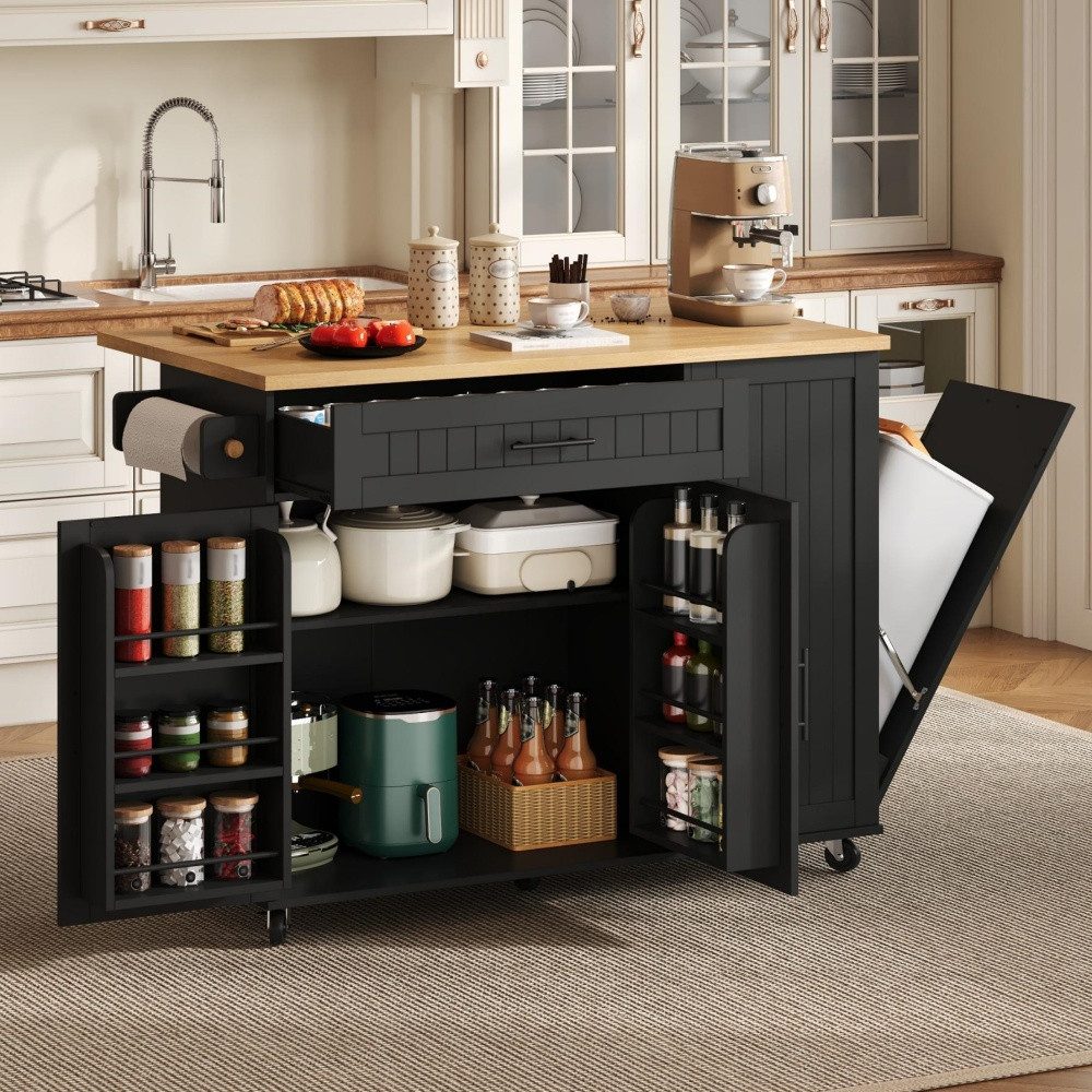 BBWL Kücheninsel mit Klappplatte, Mülleimerfach, Schrank & feststellbaren Rollen, Mobile Kücheninsel 130x70x93cm, Rollwagen aus MDF mit Stauraum