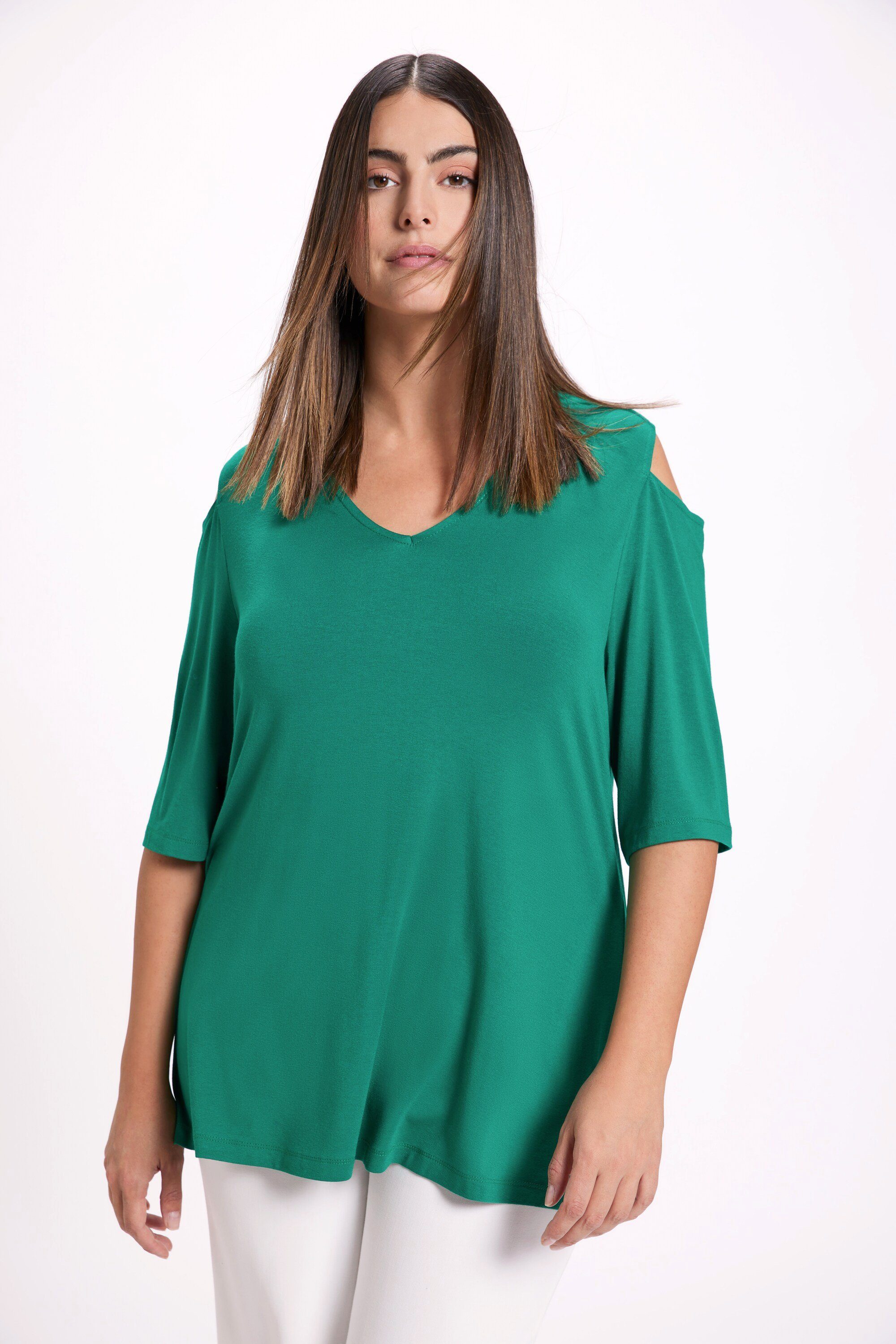 Ulla Popken Rundhalsshirt T-Shirt Schulterausschnitte V-Ausschnitt Halbarm moosgrün