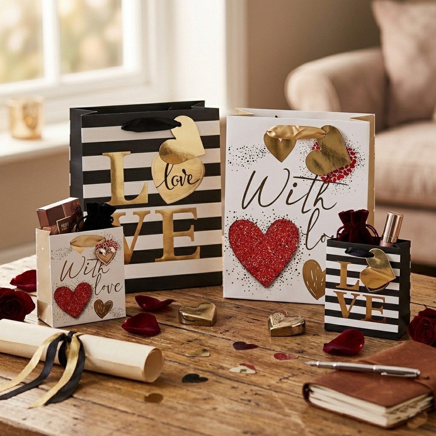 Macosa Home Geschenk-Tragetasche 4er Set Love Weiß Schwarz Rot Gold Kraftpapier, (4St), Geschenktaschen vers. Größen Geschenktüten