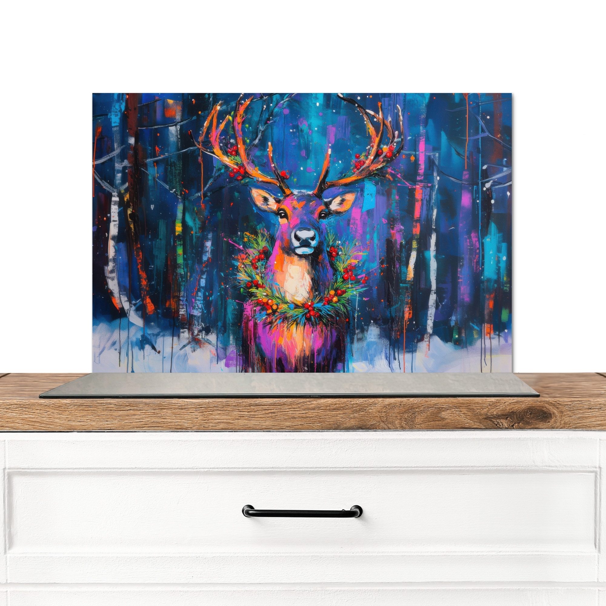 KitchenYeah Küchenrückwand Rentier - Kranz - Märchenhaft - Blau, (1-tlg), Spritzschutz Küche, Küchendeko, 60x40 cm
