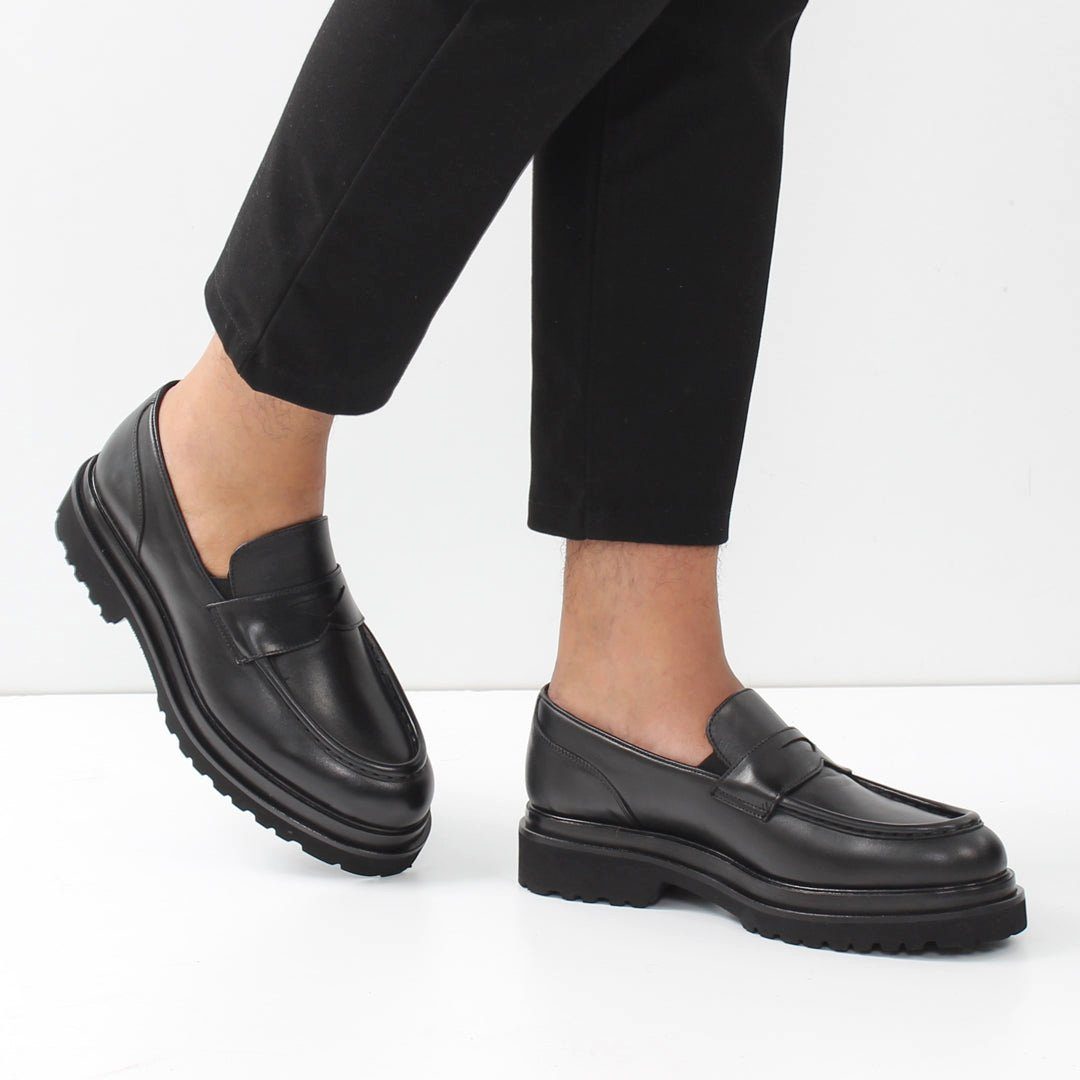 Celal Gültekin Leder-Loafer Slip-On Plateau Blockabsatz Glattleder Business Herren Loafer Glattleder, Echtleder-Futter, Plateau-EVA-Sohle, Schwarz, 44