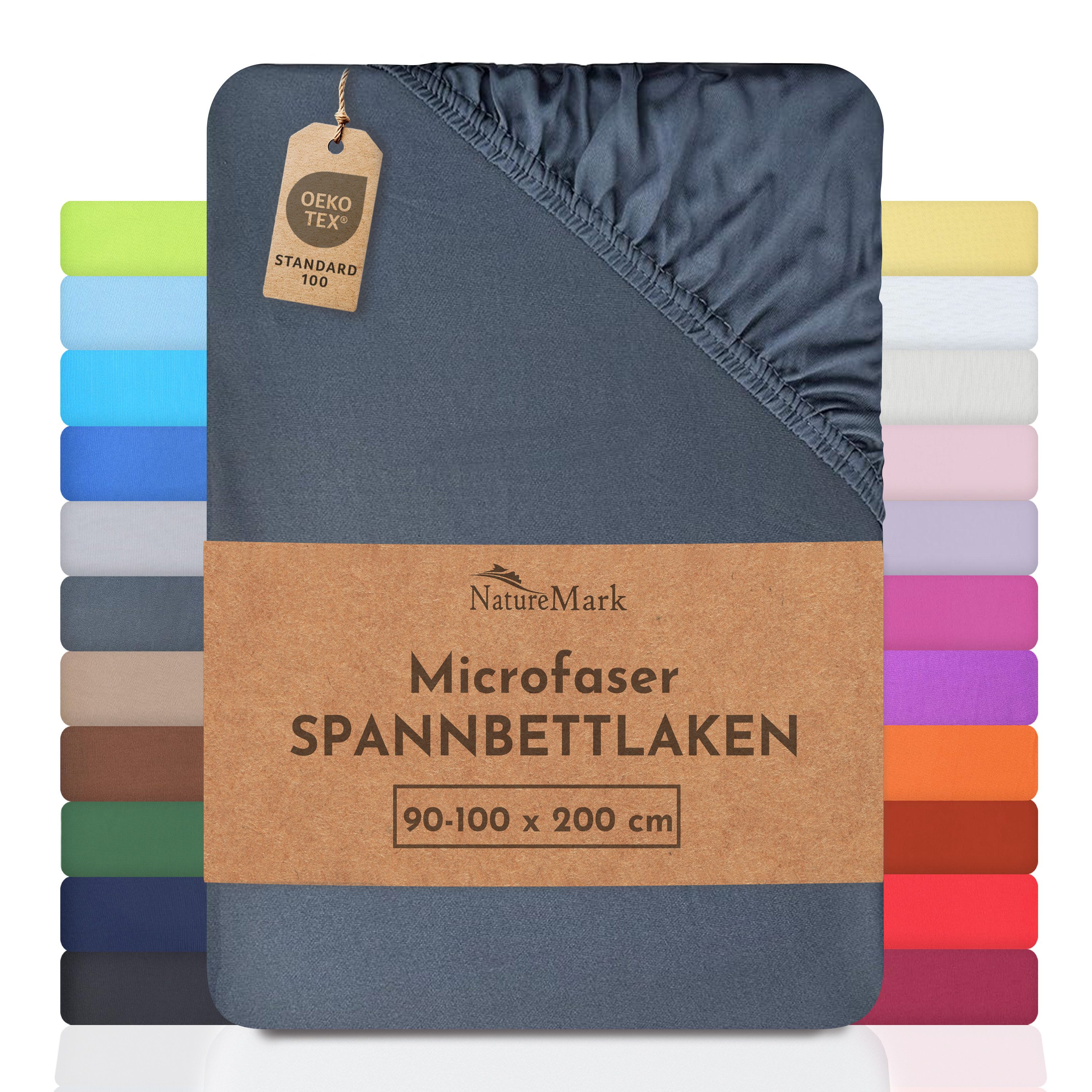 NatureMark Spannbettlaken Mikrofaser Spannbetttuch, Polyester, Gummizug: rundum, viele Größen und Farben Markenware, 90x200cm, Anthrazit grau