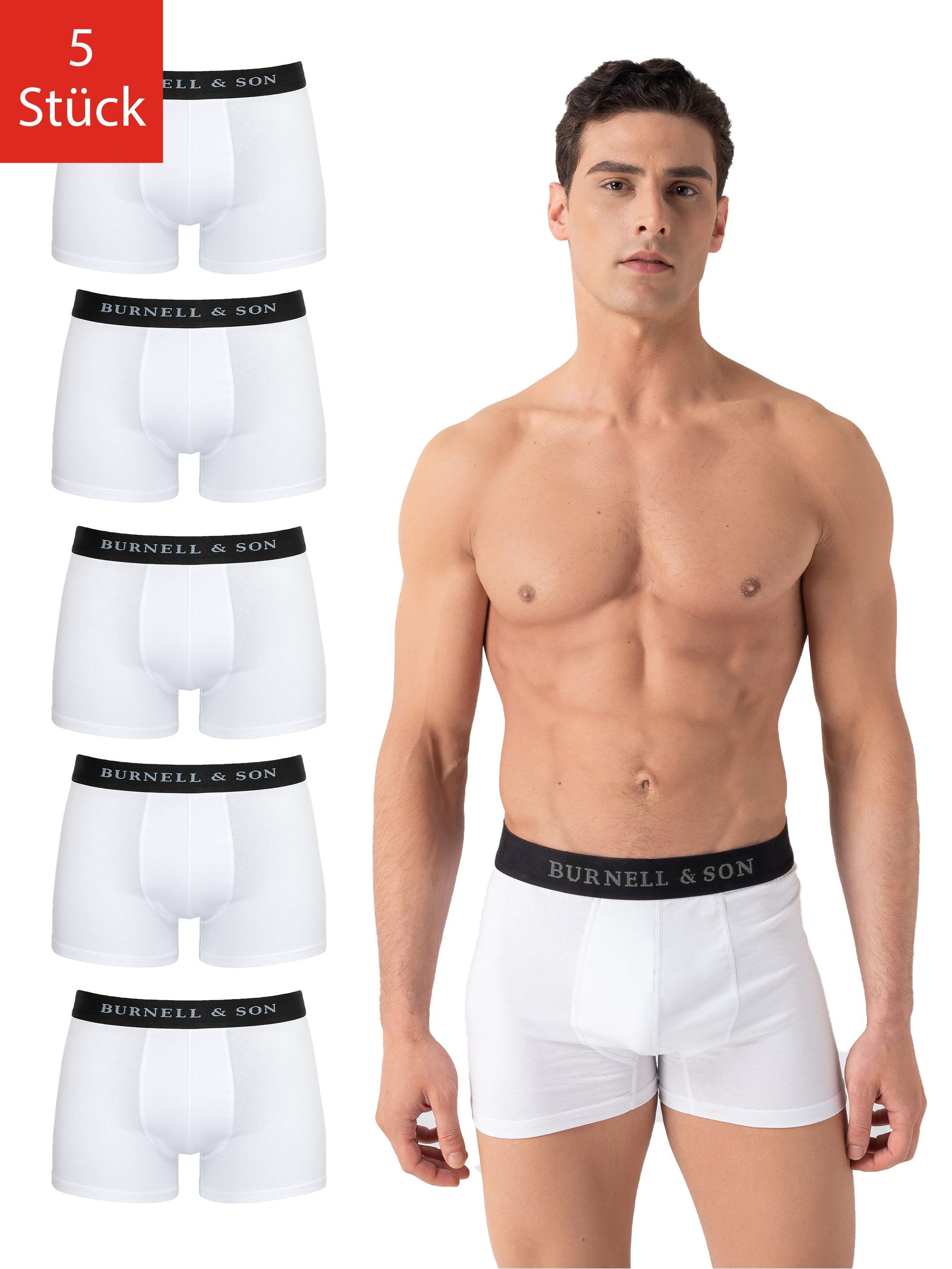 Burnell & Son Boxershorts Unterhosen aus Baumwolle für Herren Männer (Packung, Set, Spar-Pack, Spar-Packung, Spar-Set, 5-St., 5er-Pack) mit Komfortbund Weiß