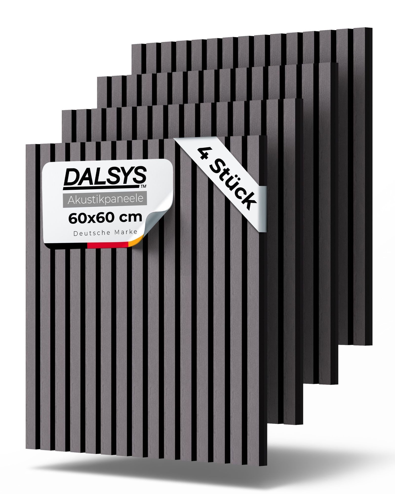 Dalsys Wandpaneel Akustikpaneele, BxL: 60x60 cm, (für Schallschutz in Büro- & Wohnräumen - Akustik Paneele - Holzpaneele, 4-tlg) 3D Wandverkleidung innen mit Lamellen Grau