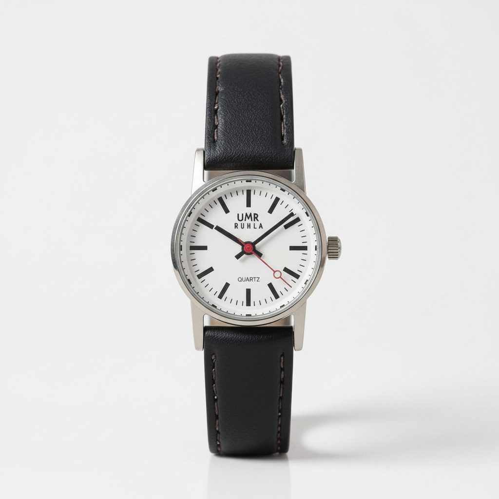 UMR Ruhla Quarzuhr Damenuhr 12000 – Bahnhofsstil – 35 mm – Weiß/Schwarz – Lederband, – Klassische Retro-Uhr